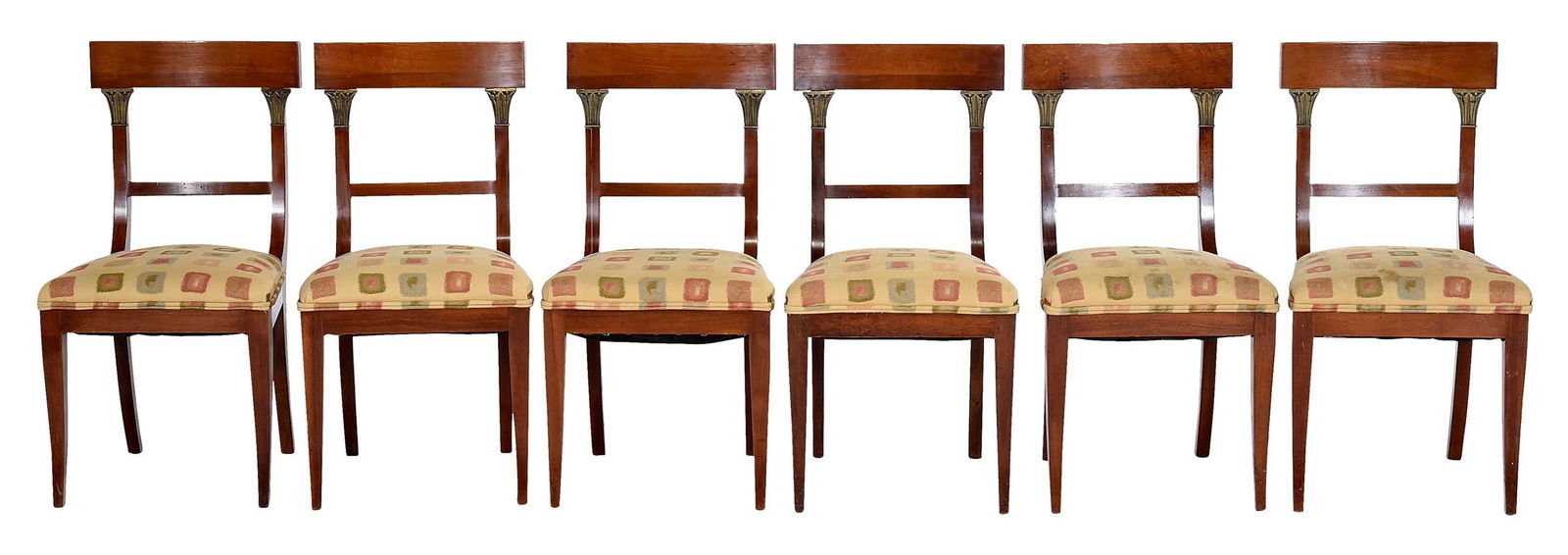 Set of Six Biedermeier Style Mahogany Side Chairs: Continental, 20th century, mahogany and kingwood(?), stiles with bronze acanthus mounts, 35-1/4 x 18-1/2 x 19-1/2 in., seat heights 18-3/4 in.Provenance: Estate of Lamar John Ryan Cecil, Lynchburg,