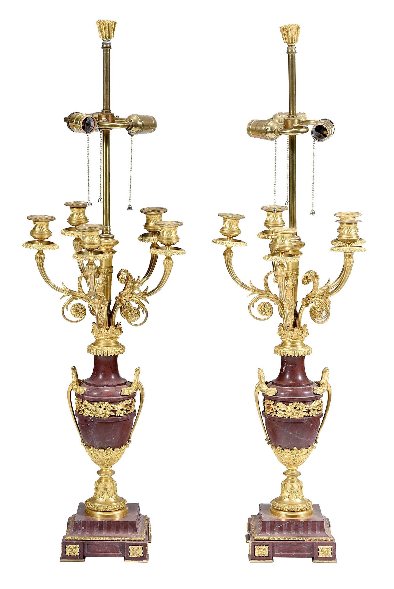 Pair of Red Marble and Gilt Bronze Neoclassical Style Candelabra Converted to Lamps (1 of 8)