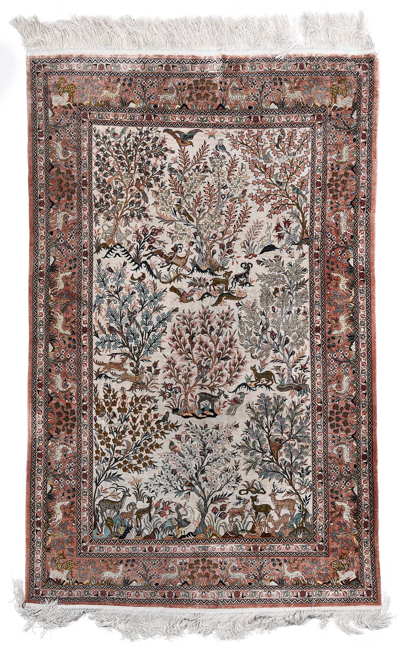 Sino Qum Pictorial Silk Rug: mid to late 20th century, gray ground with pink main border, decorated with tree of life motif and animals; 6 ft. 10 in. x 4 ft.Provenance: Freeman's, lot 225, July 13, 2023, $2,000 hammer (copy of