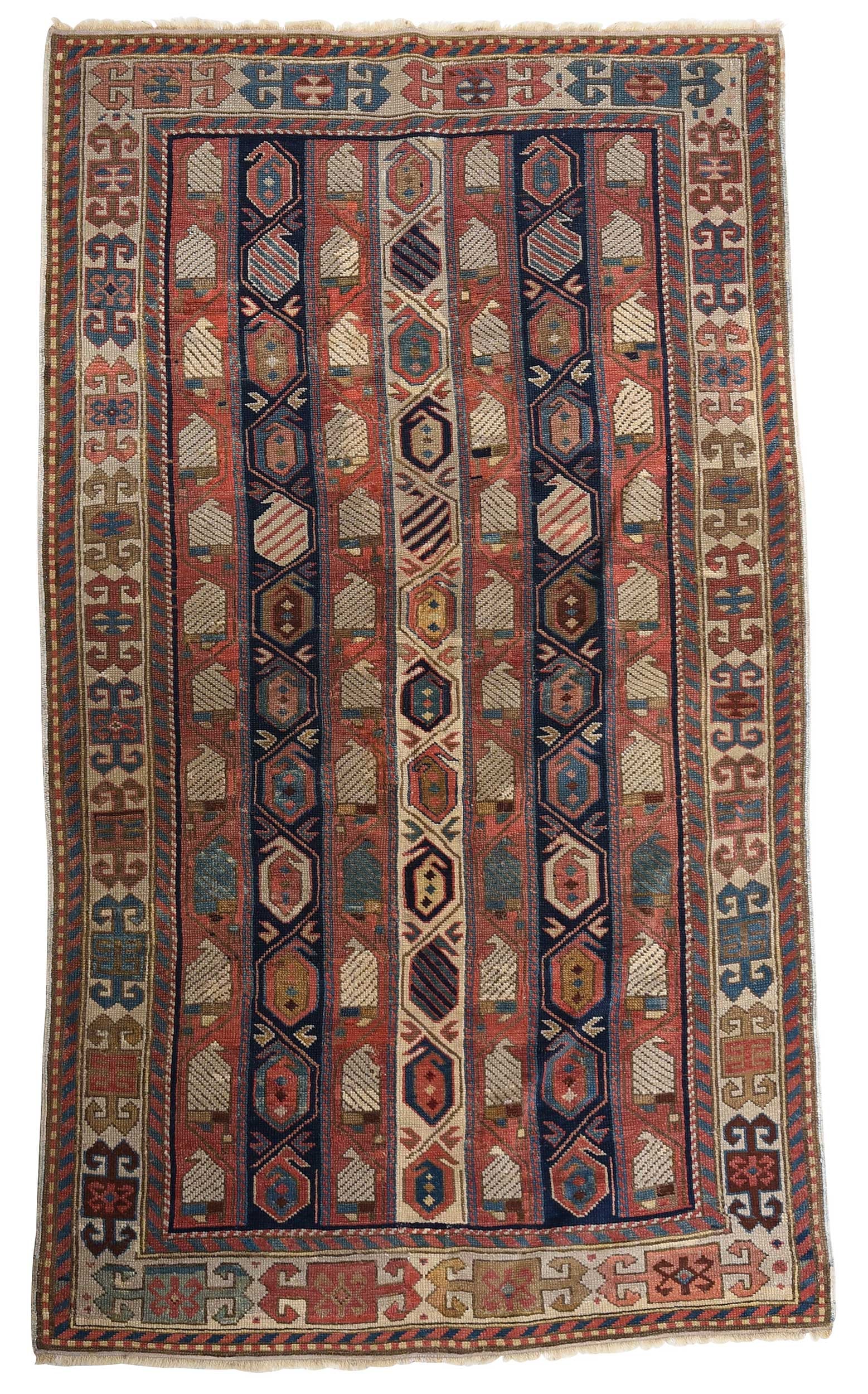 Gendje Rug: late 19th/early 20th century, striped boteh field, white main border, 5 ft. 6 in. x 3 ft. 1 in.Provenance: Private Collection, Asheville, North Carolina