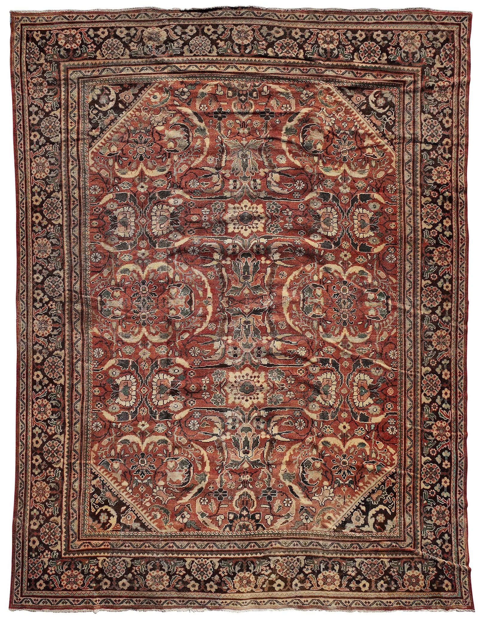 Mahal Carpet: mid 20th century, red field with floral and leaf design, brown border with geometric florals, 13 ft. 8 in. x 10 ft. 8 in. Provenance: Private Collection, Greenville, South Carolina