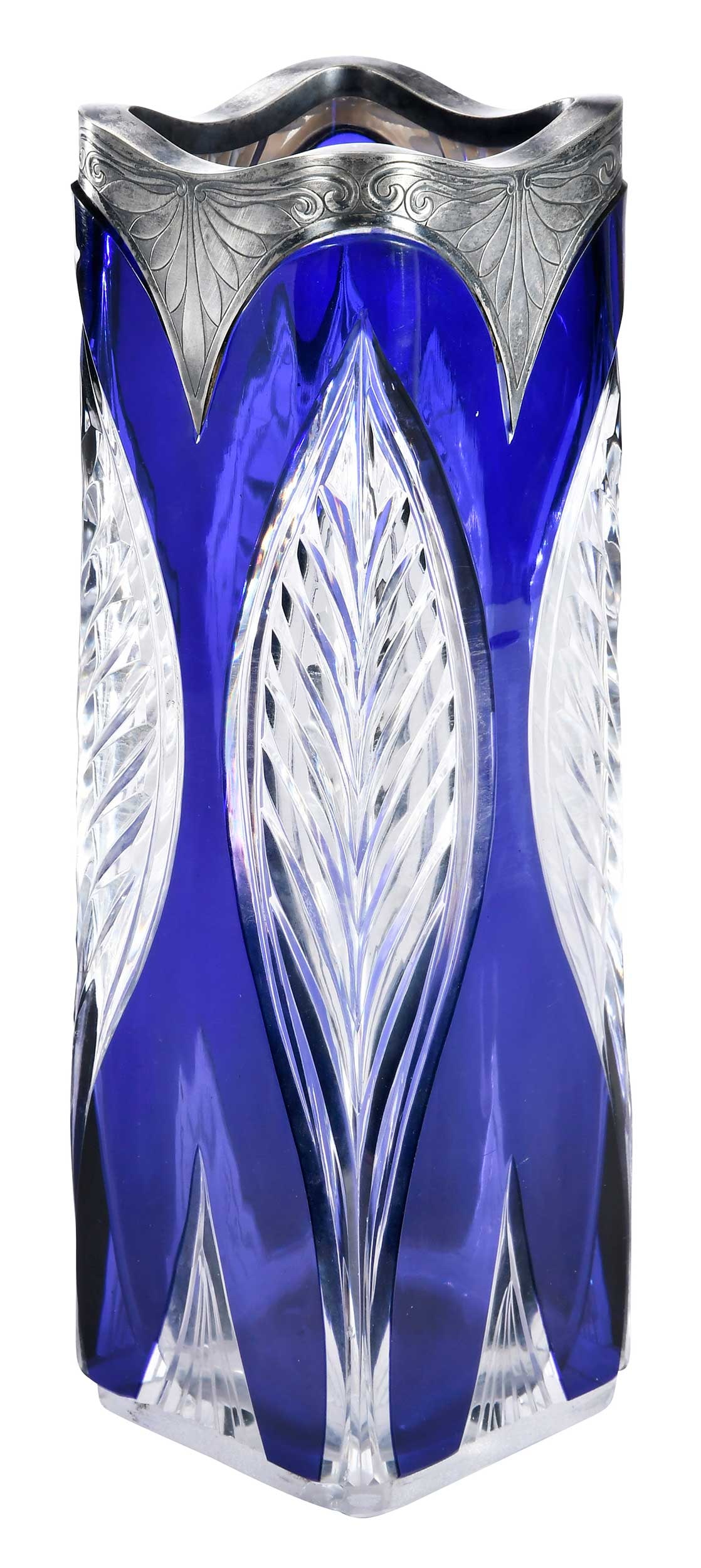 French Silver Mounted Cut to Clear Glass Vase: 20th century, French silver mount with partial makers mark, .950 fine, 12-5/8 x 4-1/8 x 4-1/8 in.Provenance: Irving Spanierman, Hendersonville, North Carolina and Sarasota, Florida