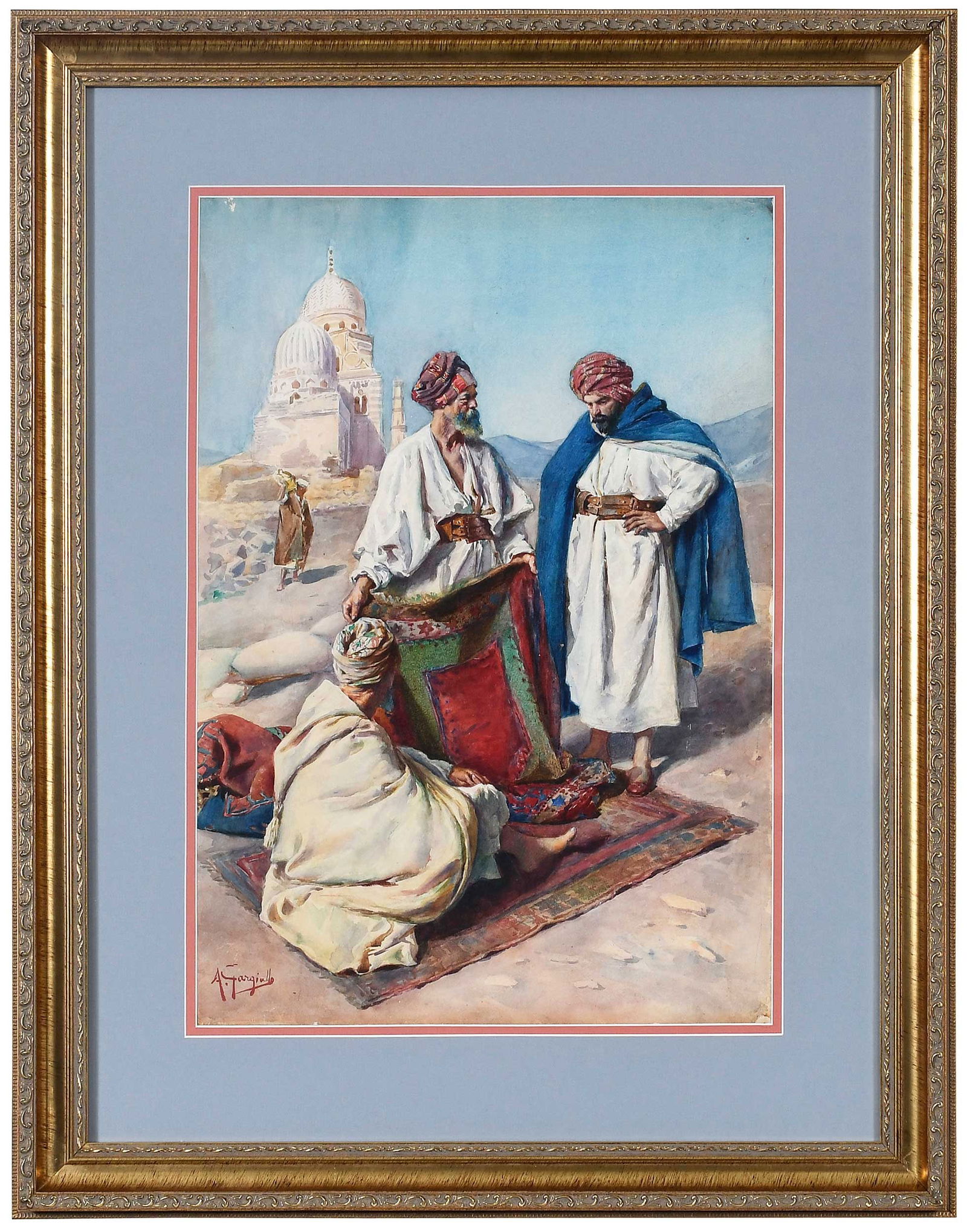 Antonio Gargiullo Orientalist Watercolor: (Italian, 19th/20th century) Carpet Sellers, signed lower left "A. Gargiullo", watercolor, sight 21-5/8 x 15-1/8 in.; modern gilt wood frame, 31-5/8 x 24-7/8 x 1-3/8 in. Provenance: Private Virginia C
