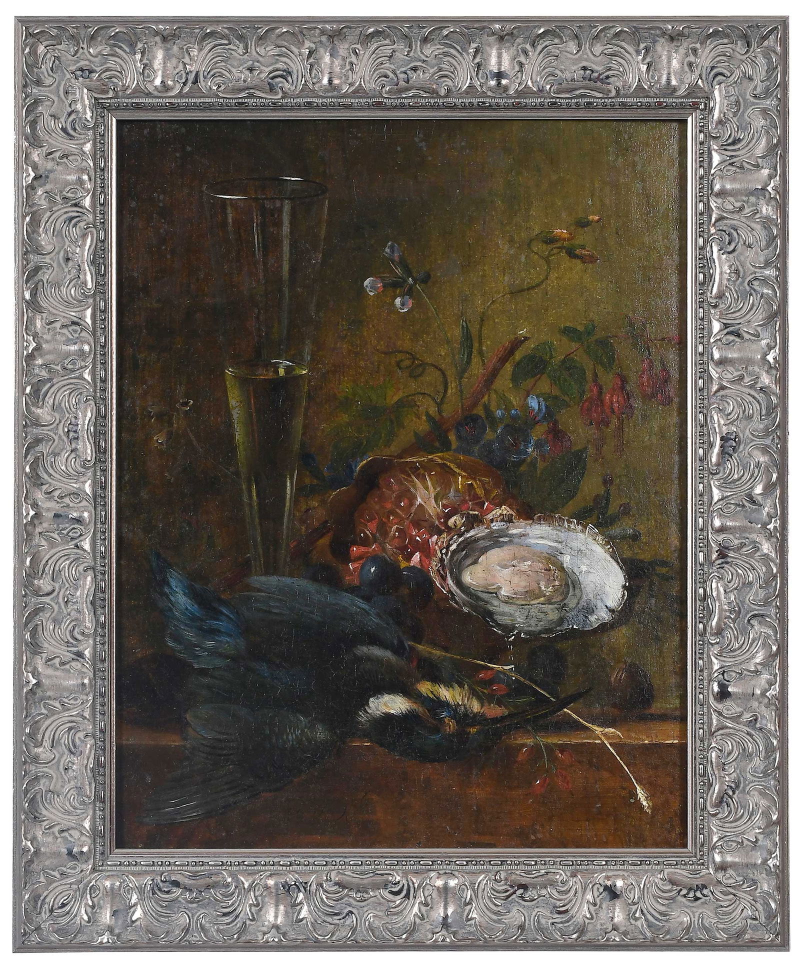 Elisabeth Johanna Koning, Still Life: (Dutch, 1816-1887) Still Life with Wine Glass, Pomegranate, Oyster, and Kingfisher, signed lower left "E.J.K.", oil on panel, 12-7/8 x 10-1/8 in.; modern frame, 15-3/4 x 13-1/4 x 1 in. Provenance: Pri