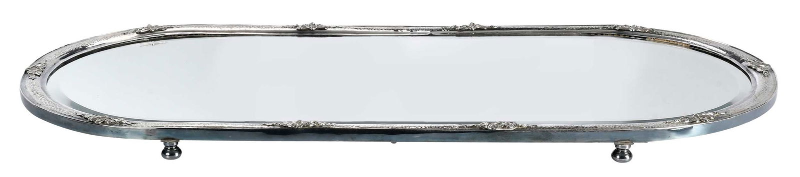 Portuguese Silver Plate Plateau: 20th century, oval silver border, hammered finish and bow decoration, beveled mirror, mark with crown and "F", 1-3/4 x 39-1/4 x 19-1/4 in. Provenance: Property from a Private Collection, Vero Beach, F