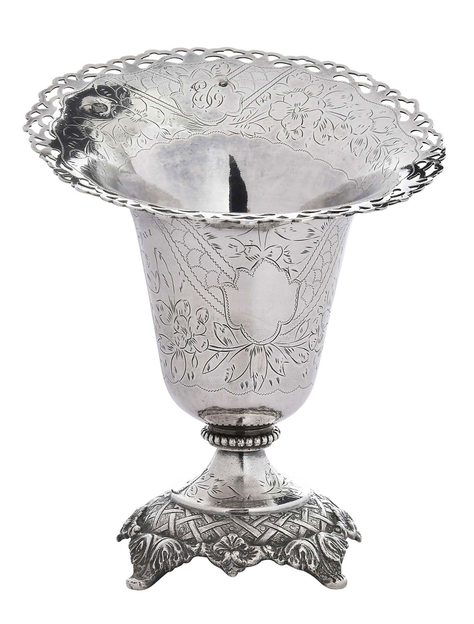 Turkish Silver Vase: late 19th/early 20th century, flared openwork rim, monogram, engraved decoration, .900 fine, 10.42 oz. T., 6-3/8 x 5-1/4 x 5-3/4 in.Provenance: Private Collection, Asheville, North Carolina