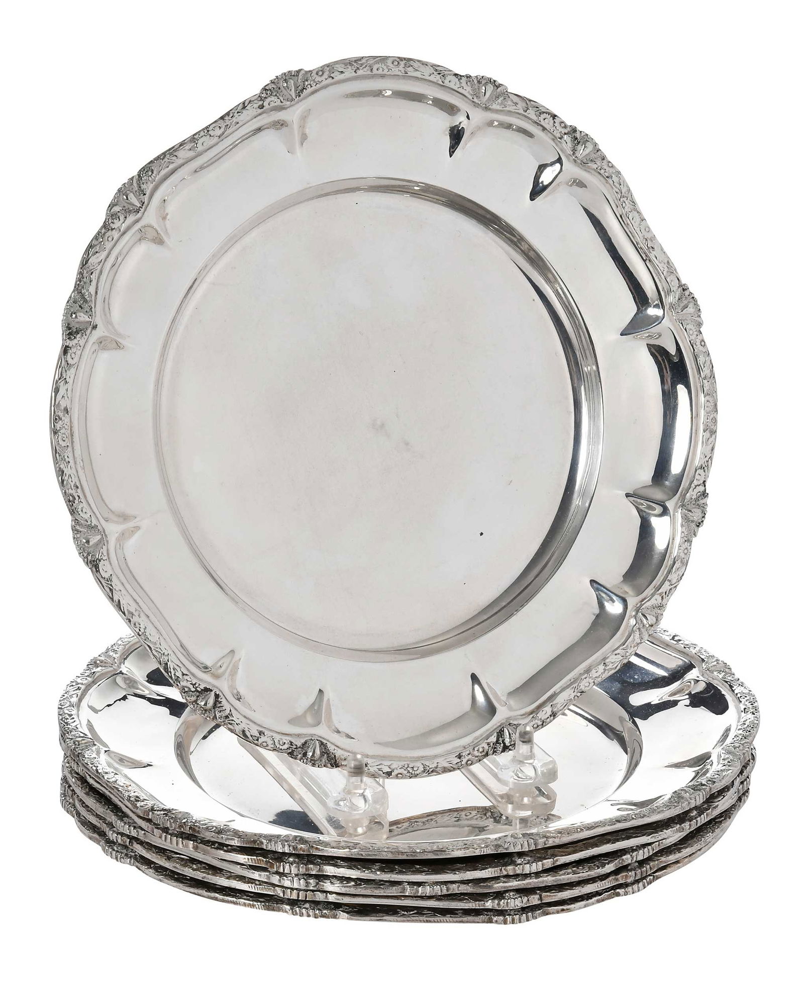 Set of Six Egyptian Silver Plates: 20th century, round with floral border, marks for Egypt, .875 fine, 63.21 oz. T., 8-3/4 in. Provenance: Private Collection, Asheville, North Carolina Note: Tested with XRF