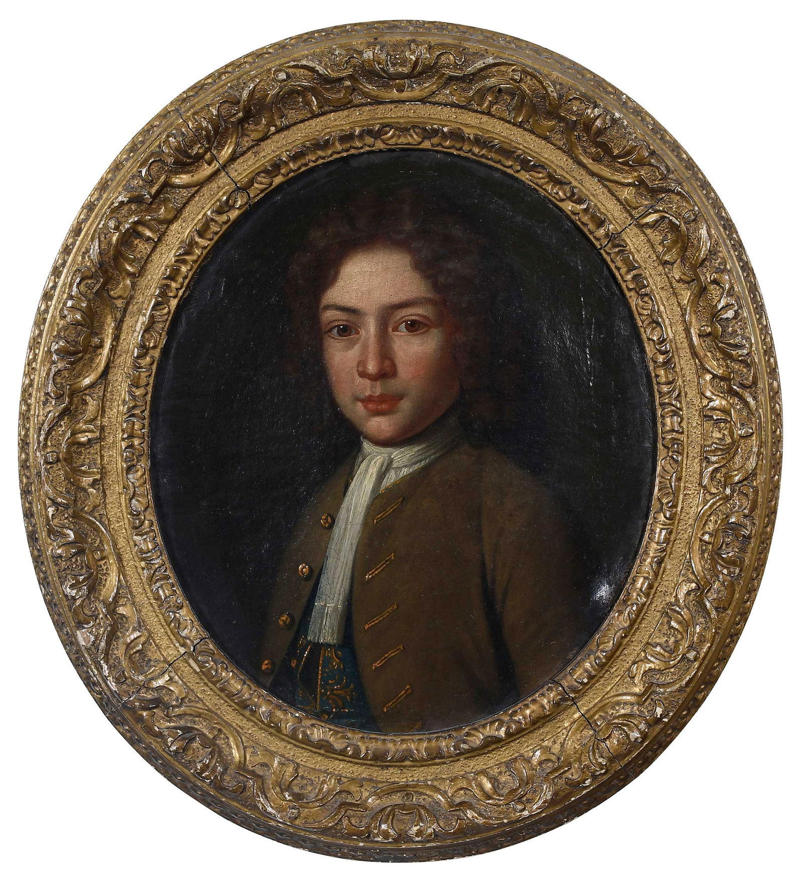 British School Portrait of a Boy, Oval: (17th/18th century) A Young Man or Boy, unsigned, oil on canvas, 13-3/4 x 11-3/4 in.; gilt wood oval frame, carver's label verso "B. Celini" (?), 19-1/4 x 17-1/2 x 1-1/4 in. Provenance: Private Easter
