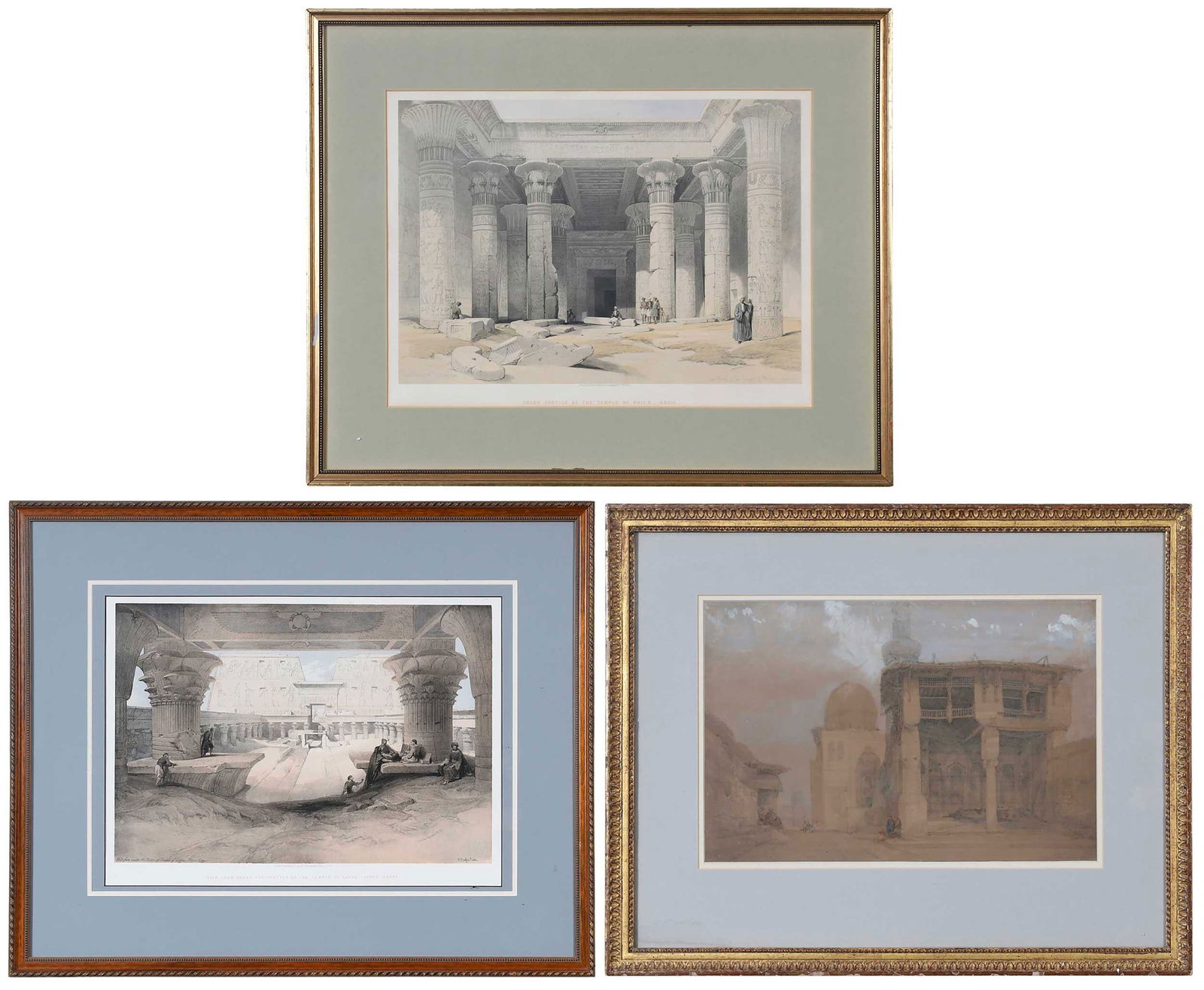 Three David Roberts Related Works: (Scottish, 1796-1864) Follower of David Roberts, Tombs of Kalife Cairo 1839, pencil inscribed lower right and verso, laid on mount, watercolor over pencil on paper, 13 x 30 in.; Grand Portico of the T