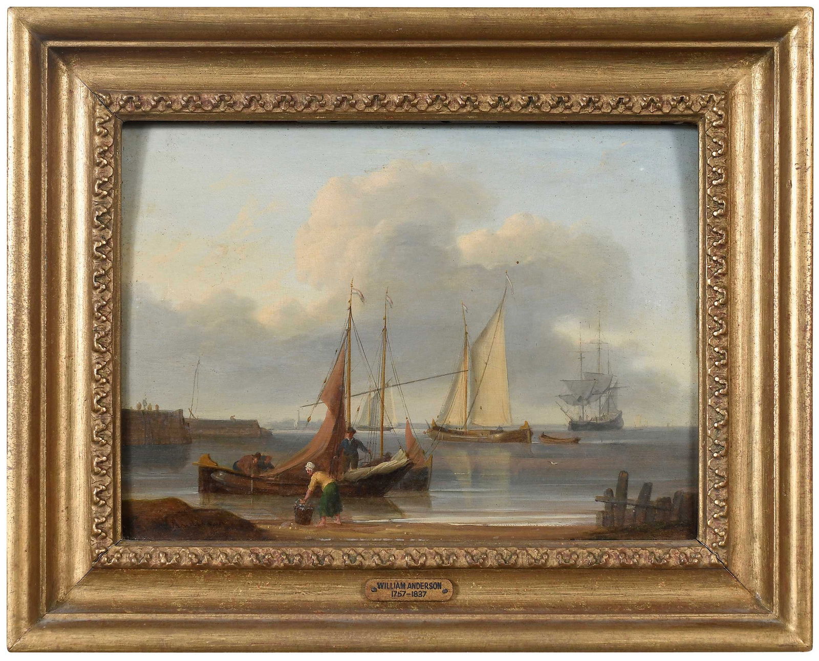 William Anderson: (Scottish, 1757-1837) Port Scene with Fisherfolk, signed lower left "W. Anderson", oil on panel, 7-3/8 x 10-1/8 in. gilt wood frame, 11 x 13-3/4 x 1-1/4 in. Provenance: MacConnal-Mason &Son, London (l