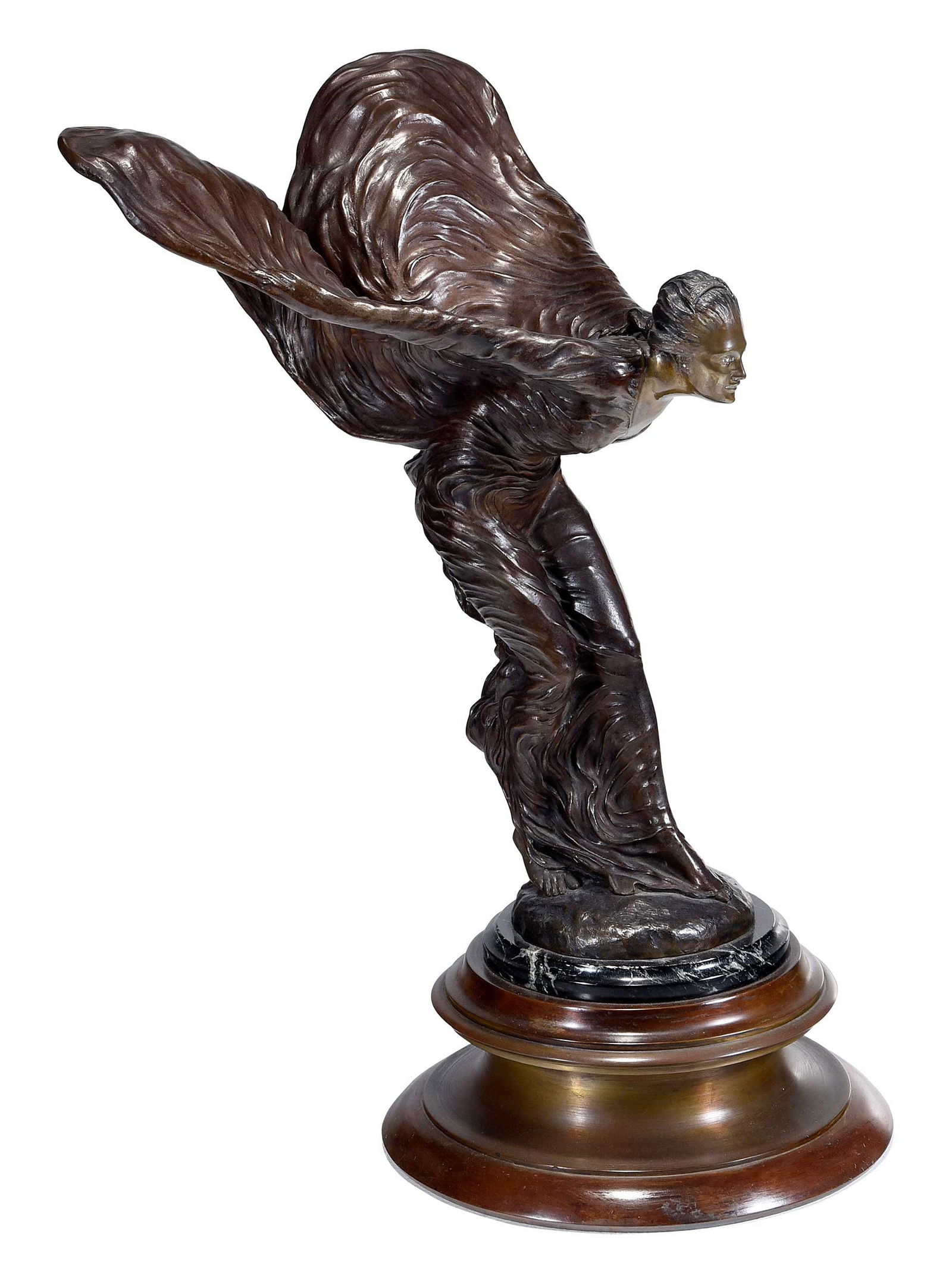 Charles Sykes, Rolls-Royce Spirit of Ecstasy: (British, 1875-1950) No. 28, circa 1920-30s, signed and numbered in naturalistic base "Charles Sykes/No28", patinated bronze with bronze and marble base, 26-1/4 x 14 x 20 in. Provenance: Property from