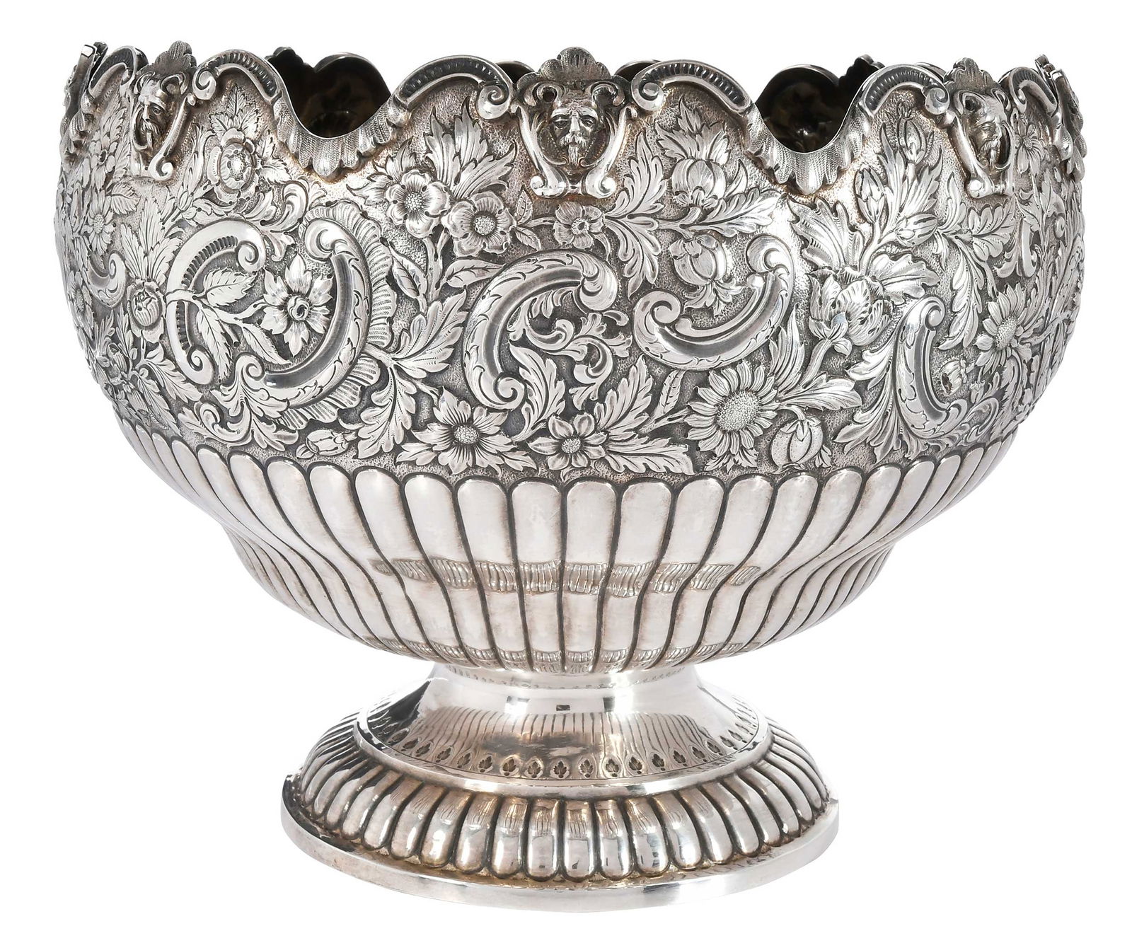 George III English Silver Punch Bowl: London, 1770, round shaped form with later floral decoration, no monogram, maker possibly John King, .925 fine, 69.18 oz. T., 10 x 13 in. Provenance: Estate of Linda Sargent Thompson, Historic Sesame