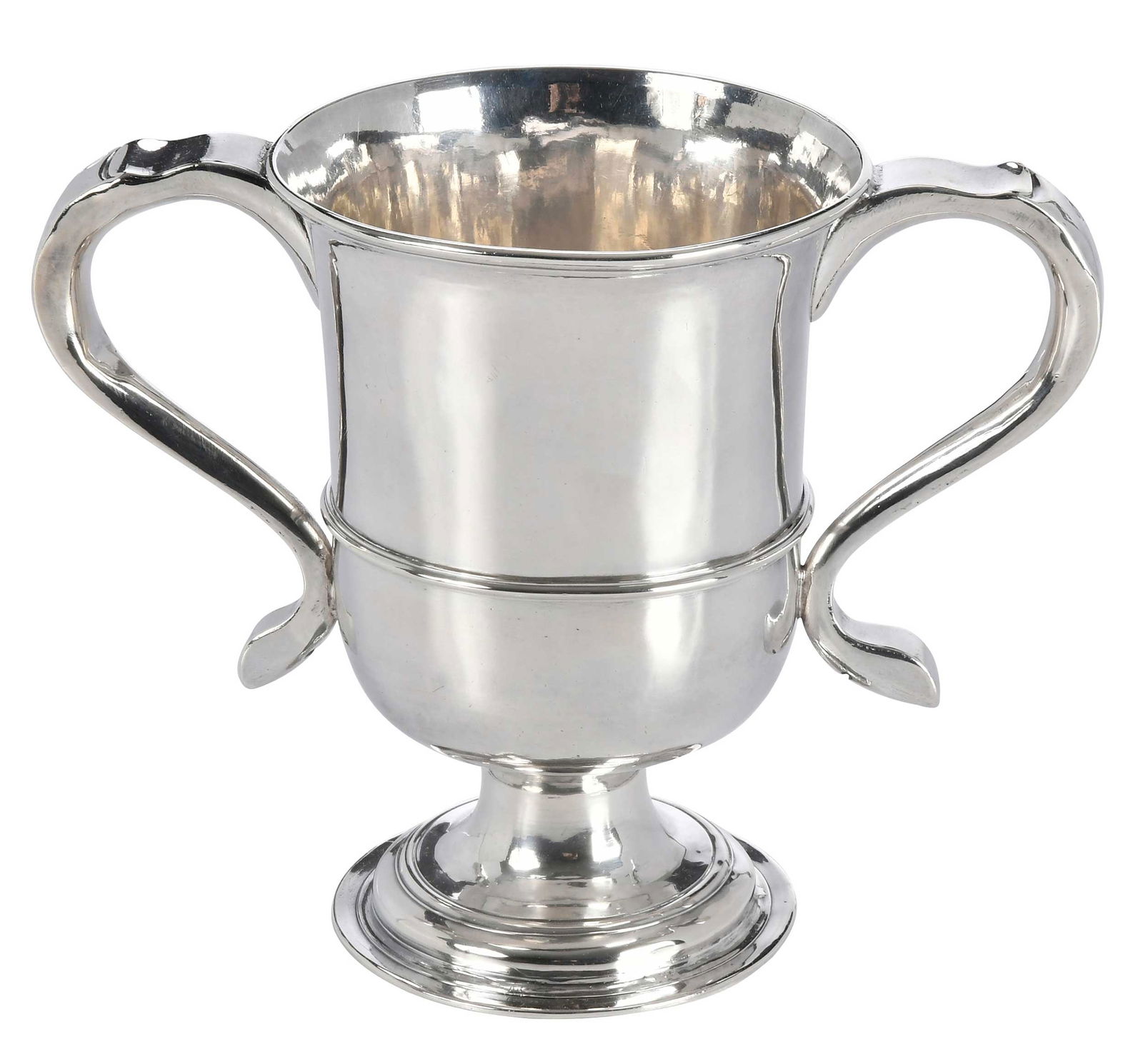 George III English Silver Two Handle Cup, John Langlands: Newcastle, 1774, urn form with scroll handles, marks for John Langlands I, .925 fine, 14.15 oz. T., 6-1/4 x 8 x 4-1/2 in. 
