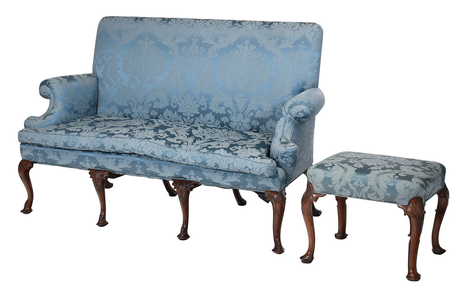 George II Carved Mahogany Silk Brocade Sofa with Ottoman: British, 18th century, sofa with eight foliate carved legs, sofa 42 x 68 x 31 in., seat height 20-1/2 in.; ottoman 19 x 23 x 18-1/2 in. Provenance: Private Eastern North Carolina Collection