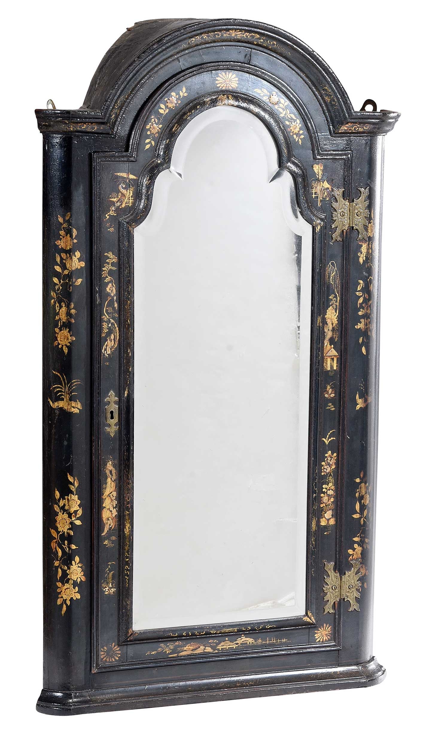 Queen Anne Style Ebonized Chinoiserie Hanging Mirrored Corner Cabinet: British, 19th century, red painted shelved interior, probably original mirror plate, 42-1/4 x 24 x 14 in. Provenance: Private Eastern North Carolina Collection