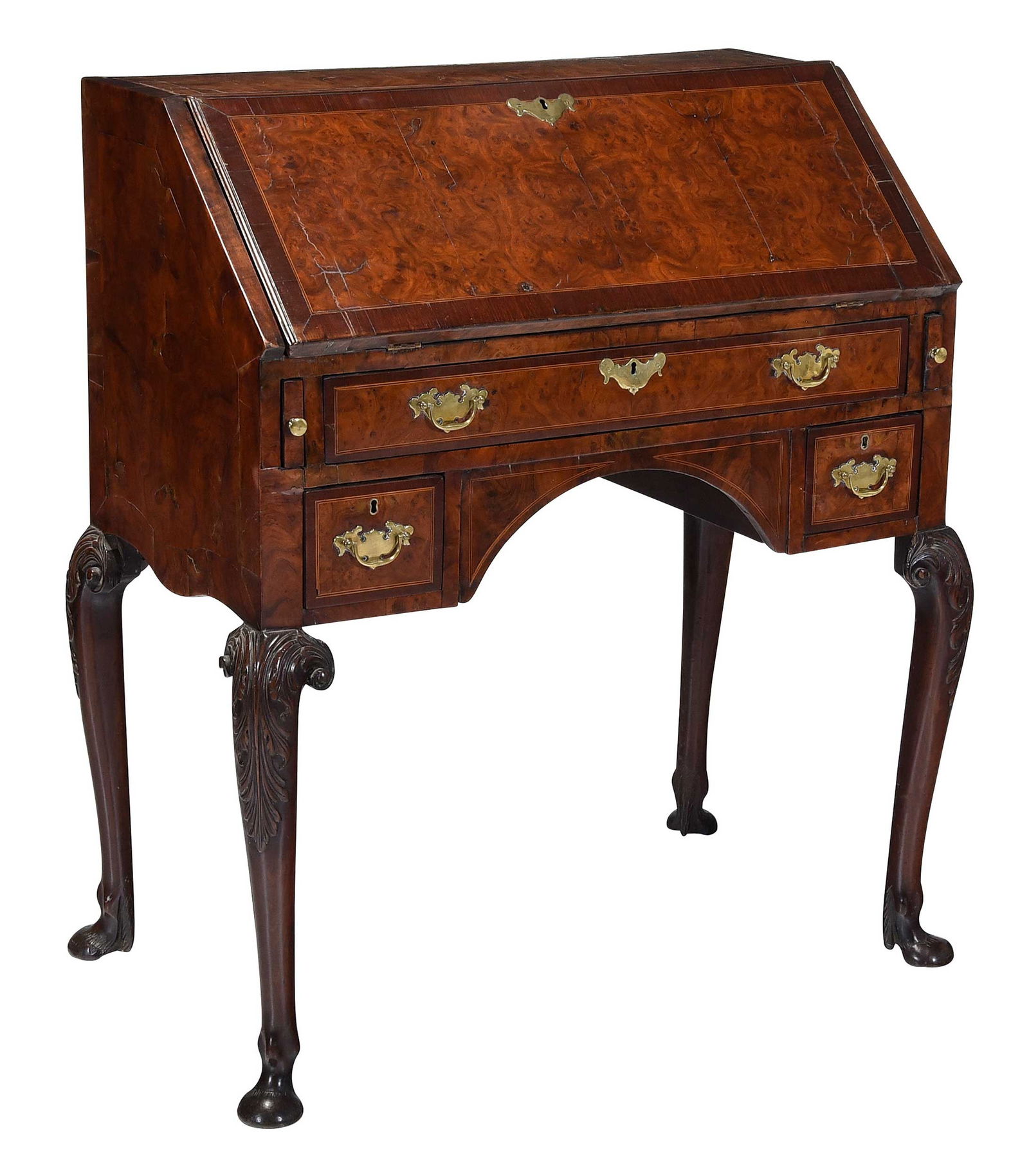Queen Anne Style Inlaid and Burl Walnut Slant Front Desk (1 of 9)