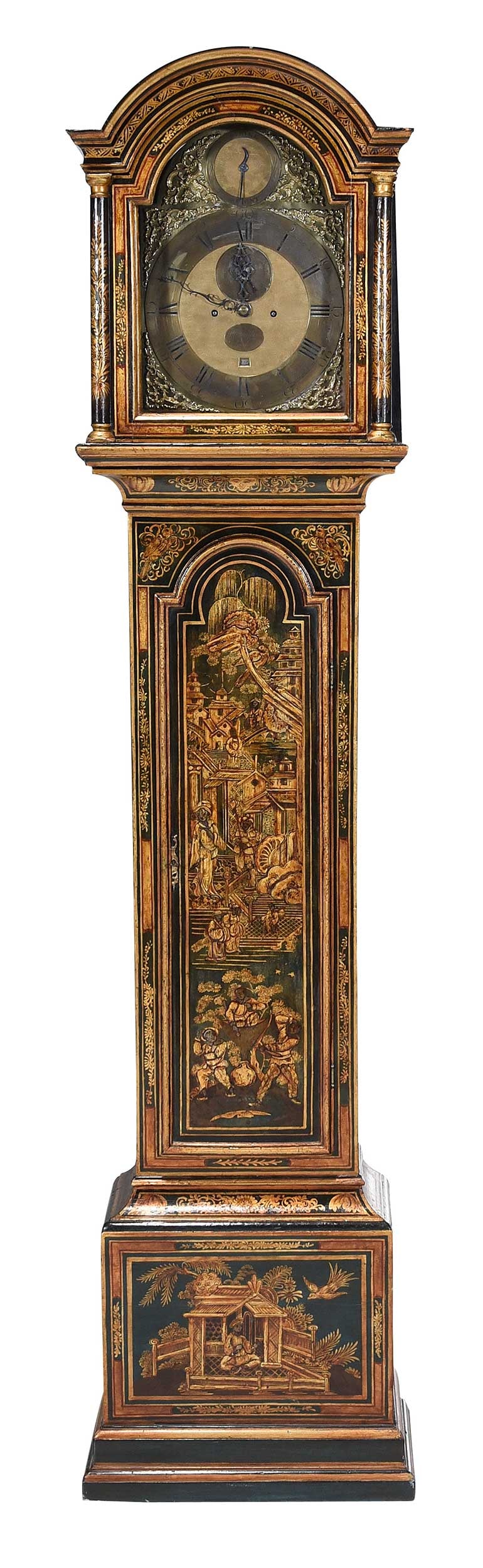 William Allam George II Chinoiserie Tall Case Clock: London, mid 18th century, eight day five pillar movement, dial with recessed seconds ring, strike/silent sub dial, and date aperture; the japanned low waited case with chinoiserie motif, two weights,