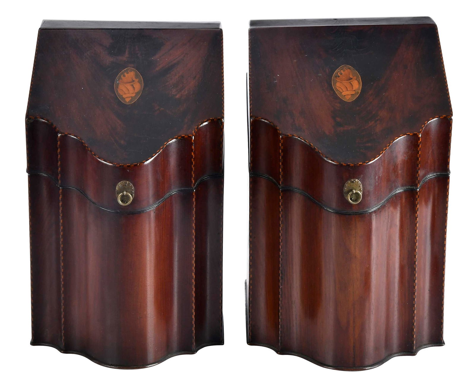 Pair of Georgian Mahogany Inlaid Knife Boxes: 18th/19th century, each approx. 13-5/8 x 8-3/4 x 8-1/2 in.Provenance: Estate of Linda Sargent Thompson, Historic Sesame Lodge, North Augusta, South Carolina