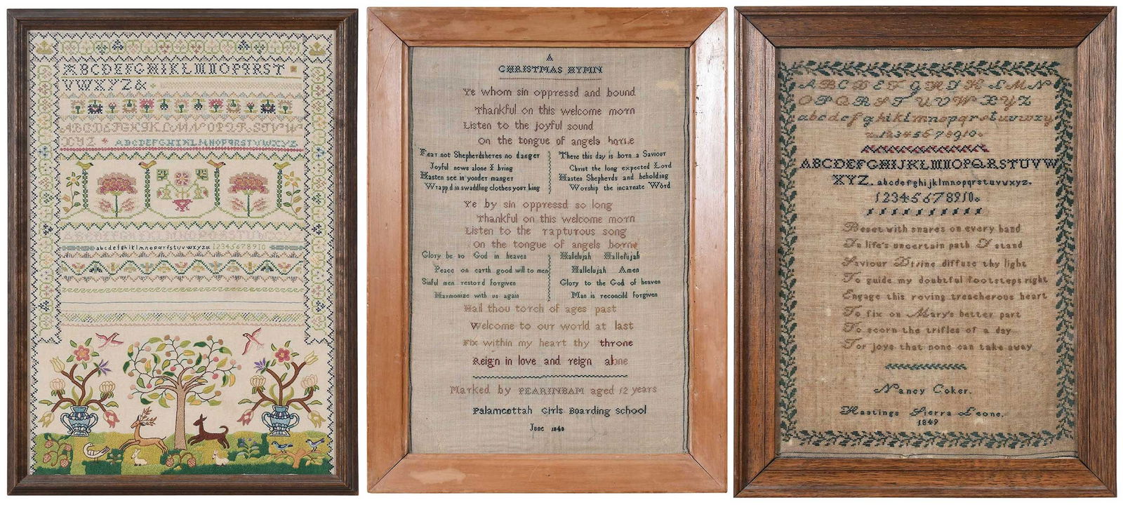 Two Needlework Samplers from the British Territories: Nancy Coker, Hastings Sierra Leone sampler dated "1849", in wood frame, 15-5/8 x 12 x 7/8 in.; Palamcottah Girls Boarding School (India) Christmas hymn, signed and dated "Pearinbam ... June 1843", 23