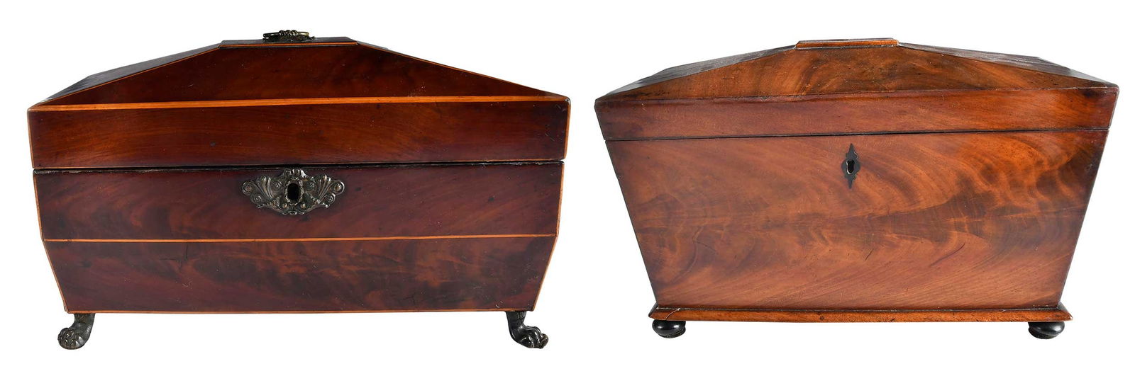 Two Large Regency Sarcophagus Form Tea Caddies: English, late 18th/19th century, mahogany and walnut examples, each with divided lidded interior with recessed center for mixing bowl, brass mounts, larger 7-3/4 x 12-1/4 x 6-3/4 in.Provenance: