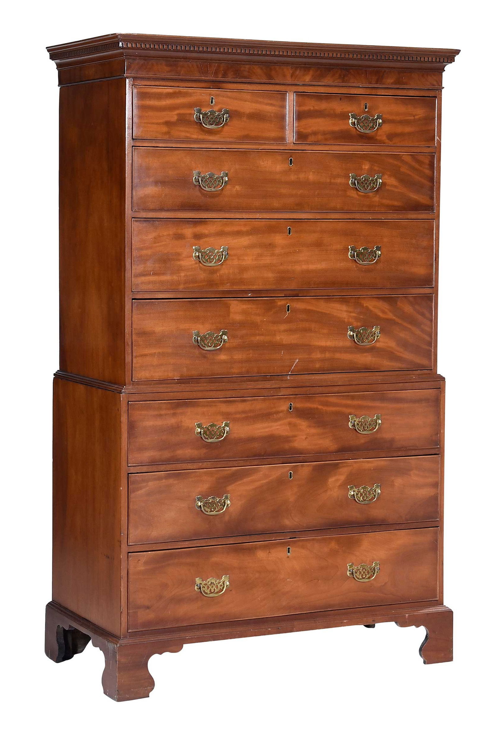 George III Figured Mahogany Chest on Chest: British, early 19th century, mahogany drawer secondary and pine backboards, detachable cornice, 73-1/2 x 43-3/4 x 23-1/8 in.Provenance: Property from a Private Collection, Vero Beach, Florida