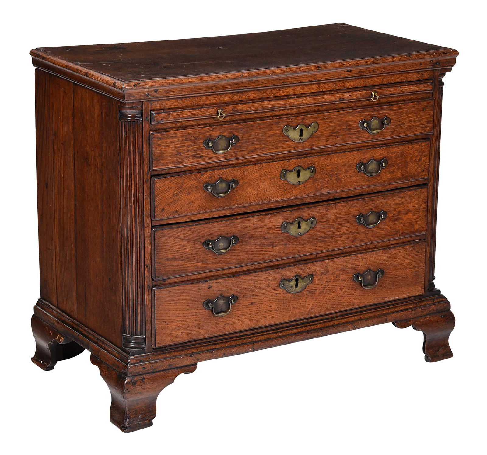 George III Oak Bachelor's Chest of Drawers: British, 18th century, oak and pine secondary woods, dressing slide, fluted quarter columns, 29-3/4 x 33-1/2 x 18-3/4 in.Provenance: Property from a Private Collection, Vero Beach, Florida