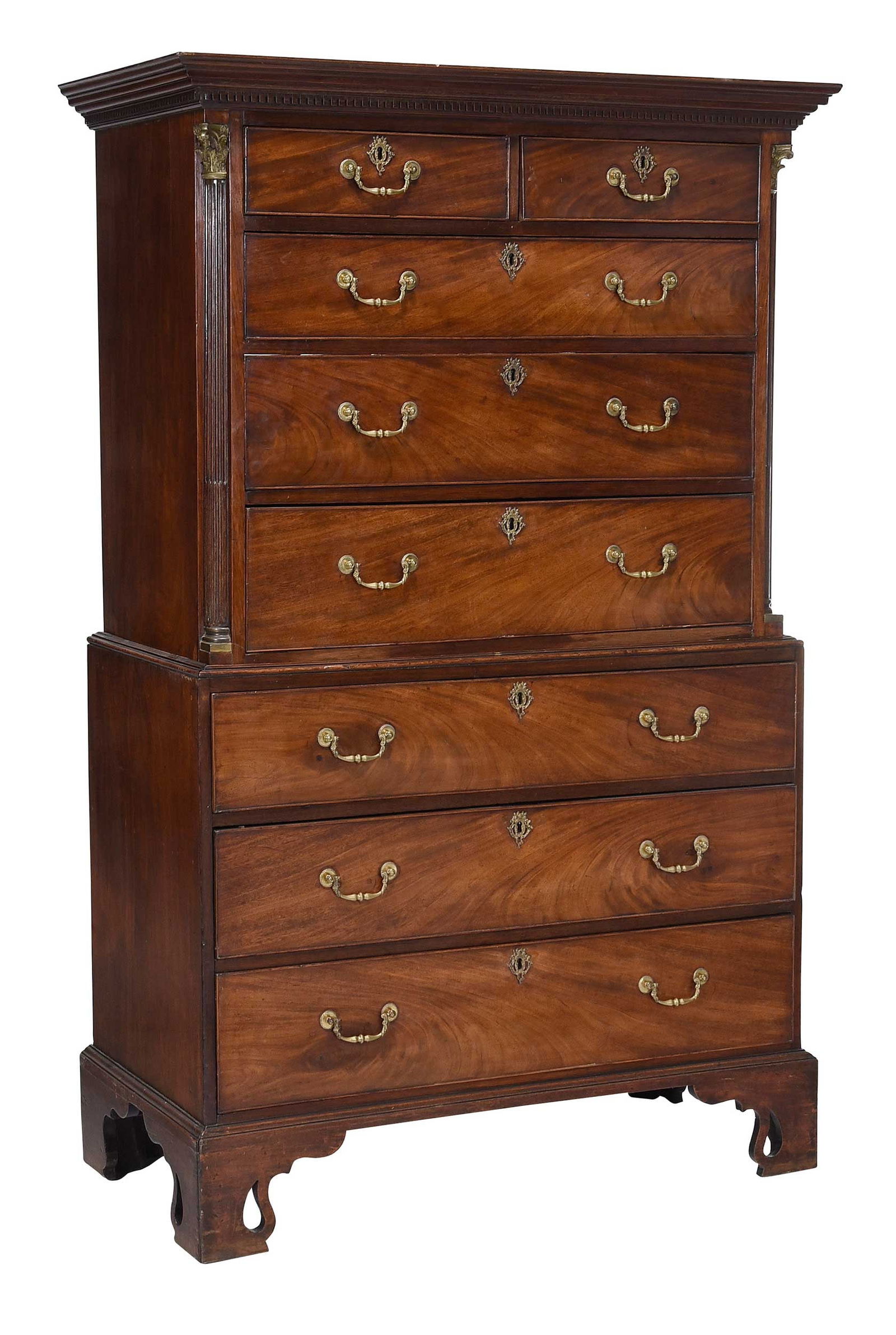 George III Figured Mahogany Brass Mounted Chest on Chest: late 18th century, stop fluted quarter columns with brass mounts, pierced bracket feet, back bearing label inscribed "A. Robins & Sons, Ltd., Removers & Storers, Farnham, Surrey, S24097", 70-1/2 x