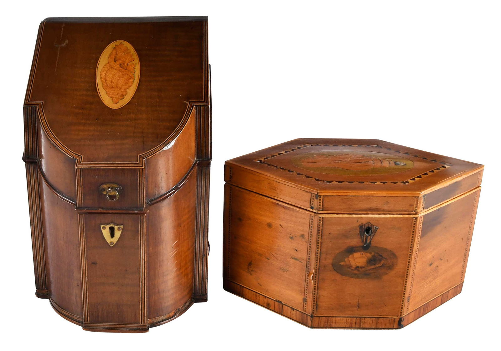 Two Georgian/Style Satinwood Inlaid Boxes: English, comprising: probably early 19th century hexagonal tea caddy with shell inlay and painted shell decoration; later Georgian style document box; larger 9-1/8 x 5-3/4 x 6-3/4 in. Provenance: Priv