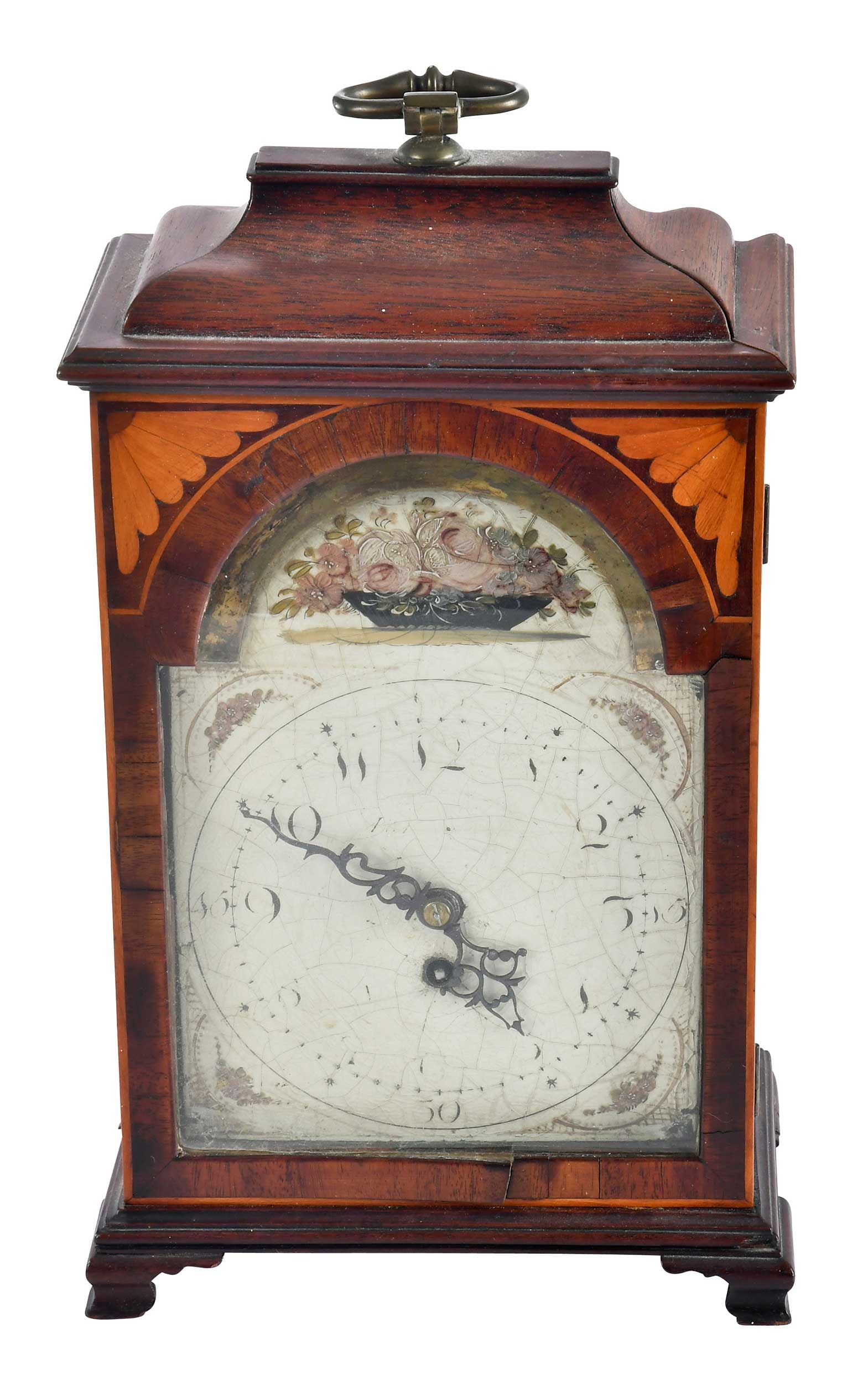 Inlaid Mahogany Bracket Clock: mid to late 19th century, works unmarked with etched "MMA/1924[?]", approx. 13-3/4 x 7-1/4 x 4-1/2 in. Provenance: Estate of Linda Sargent Thompson, Historic Sesame Lodge, North Augusta, South Carolin