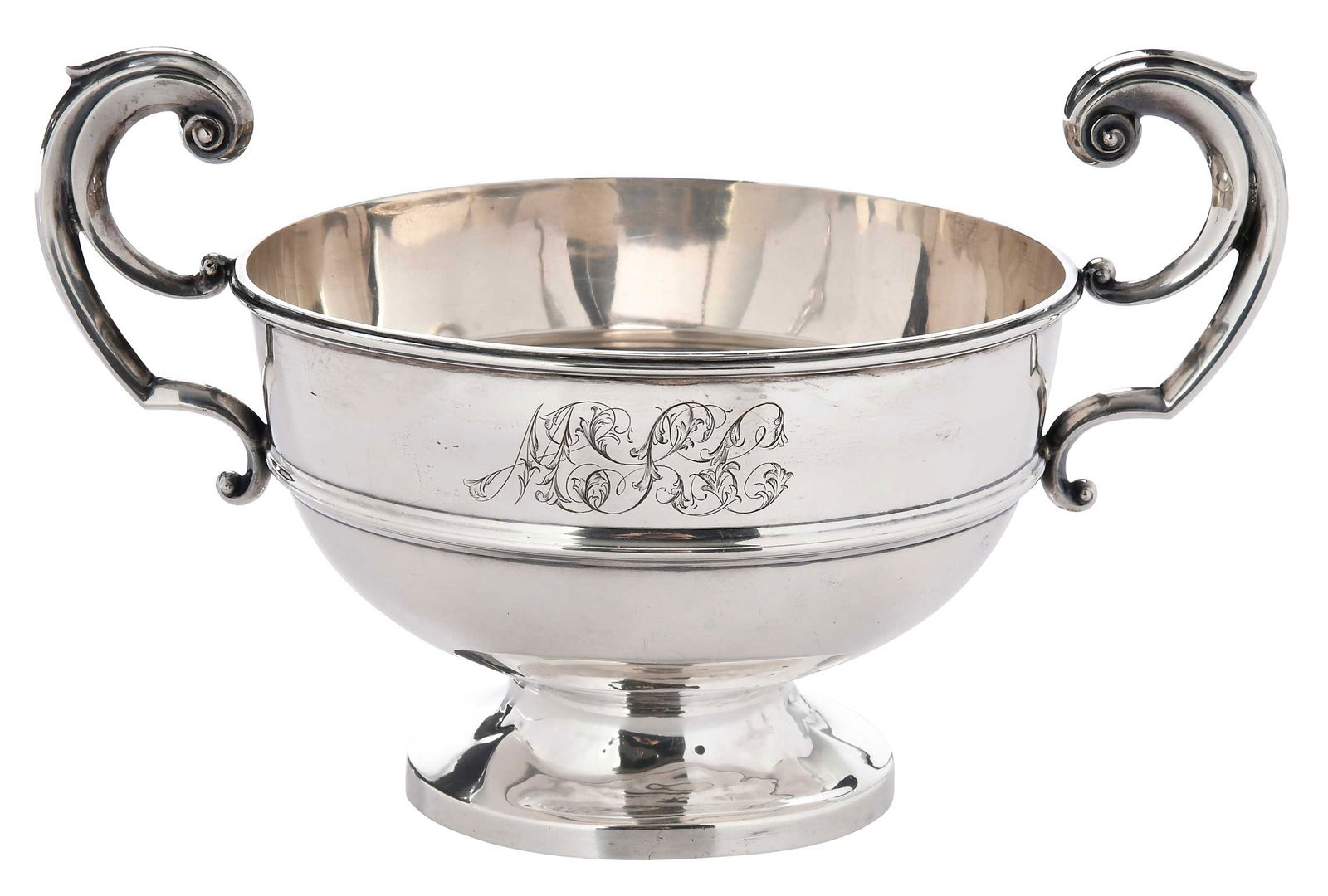 English Sterling Two Handled Bowl: Sheffield, 1900, urn form with scroll handles, monograms, marks for Fordham & Faulkner, 11.76 oz. T., 5-3/4 x 9-1/4 x 6 in.Provenance: Estate of Lamar John Ryan Cecil, Lynchburg, Virginia