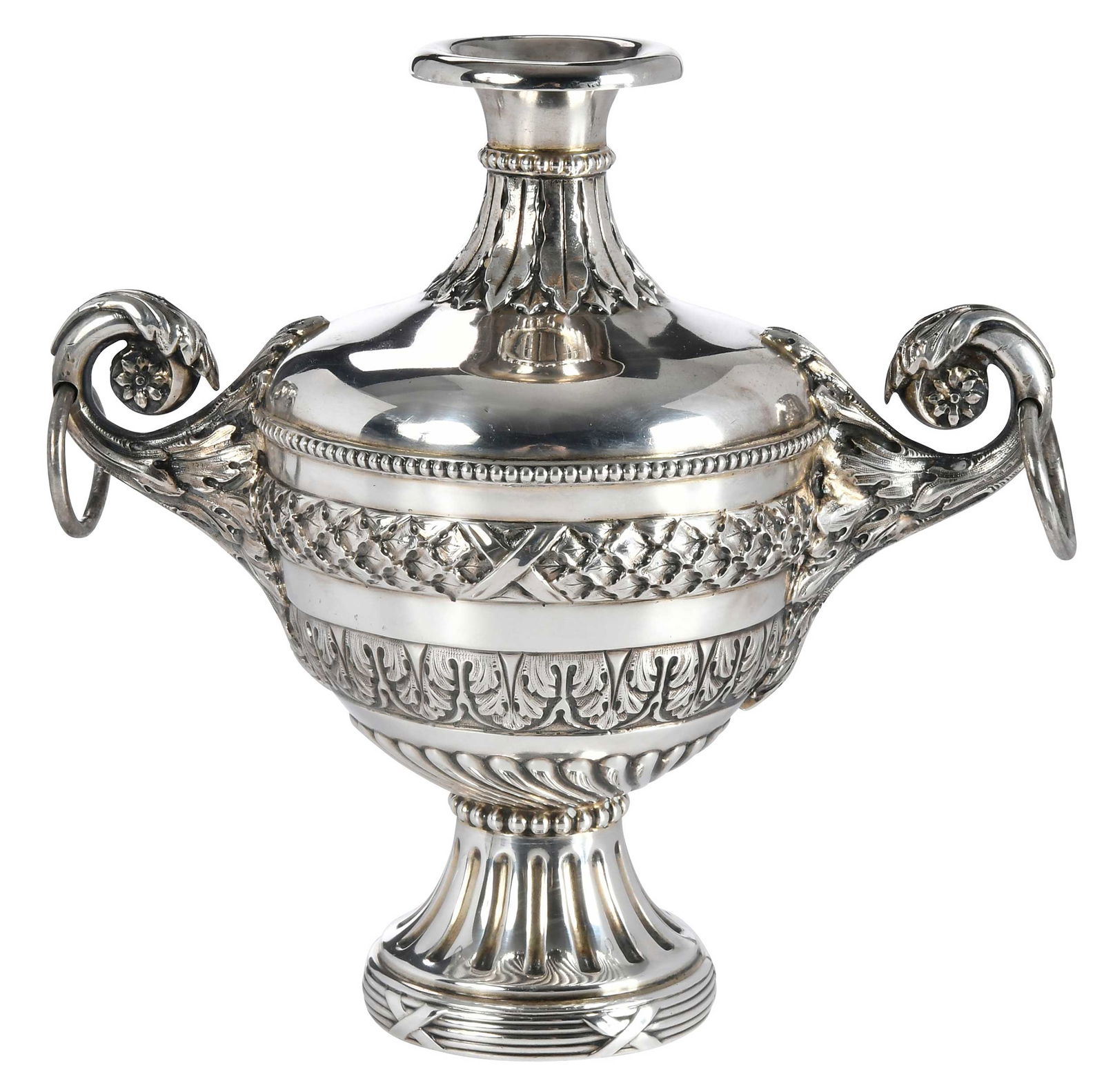 English Silver Two Handle Vase: Chester, 1911, urn form with ring and scroll handles, no monograms, marks for George Nathan & Ridley Hayes, .925 fine, 12.35 oz. T., 6-1/2 x 6-3/4 x 4 in.Provenance: Private Alabama Collection