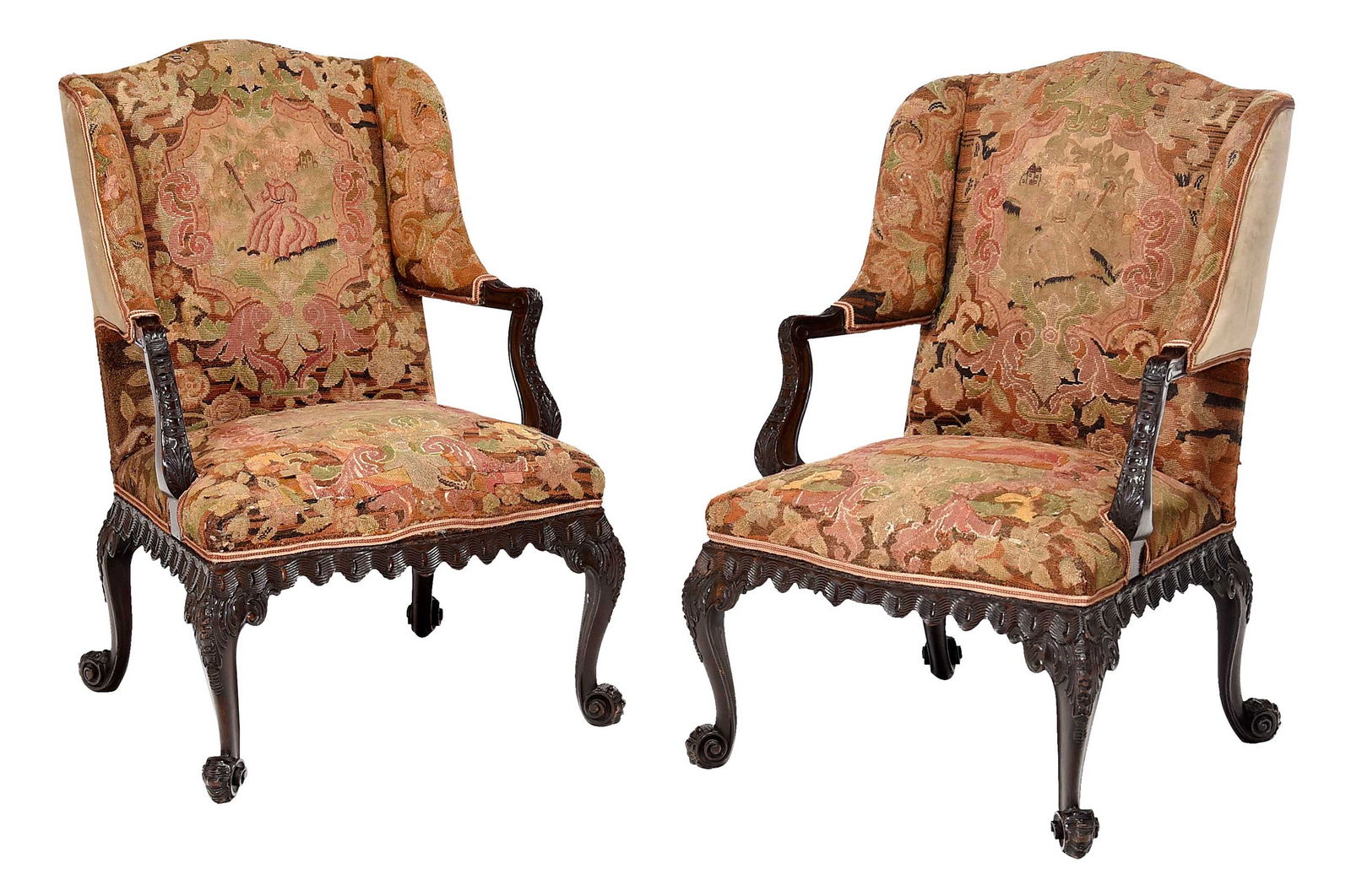 Fine Pair of Chippendale Style Mahogany Needlepoint Wingback Open Armchairs (1 of 11)