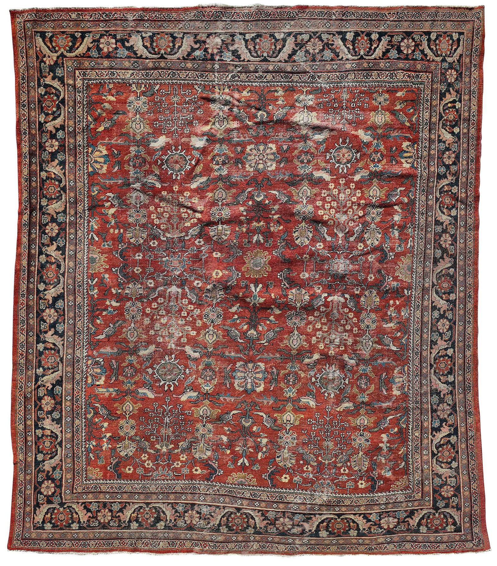 Mahal Rug: early to mid 20th century, floral and foliate motif on red ground, blue main border, 11 ft. 2 in. x 9 ft. 10 in. Provenance: Private Collection, Greenville, South Carolina