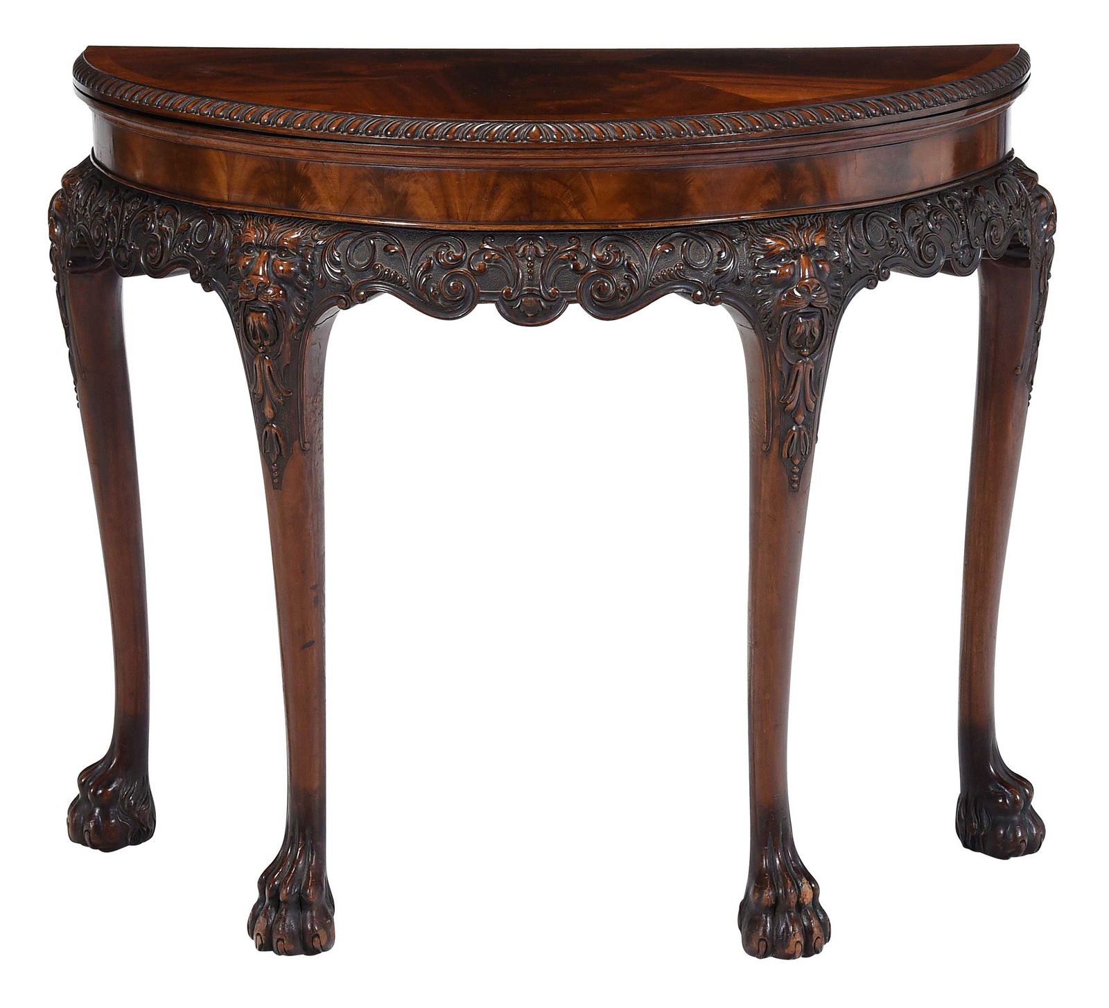 Irish Chippendale Style Carved and Figured Mahogany Demilune Card Table (1 of 8)
