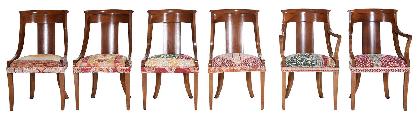 Set of Six Baker Biedermeier Style Cherry Klismos Dining Chairs: 20th century, comprising two armchairs and four side chairs, armchairs 35-1/2 x 22-3/4 x 22 in., side chairs 35-1/2 x 21 x 22 in., seat heights 18-1/2 in.Provenance: Louise Glickman