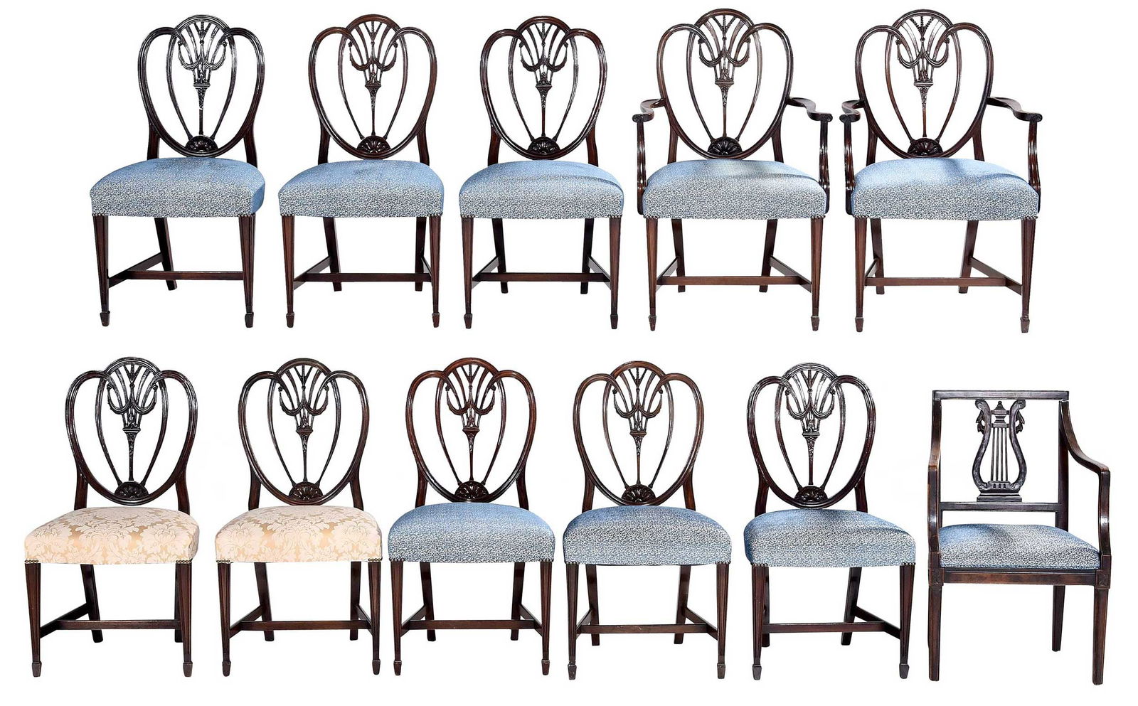 Set of Ten Hepplewhite Style Carved Mahogany Dining Chairs: 20th century, comprising two armchairs and eight side chairs; two side chairs with gold silk brocade upholstery; together with a lyre back armchair, armchairs 38-1/2 x 25 x 21-1/2 in., side chairs