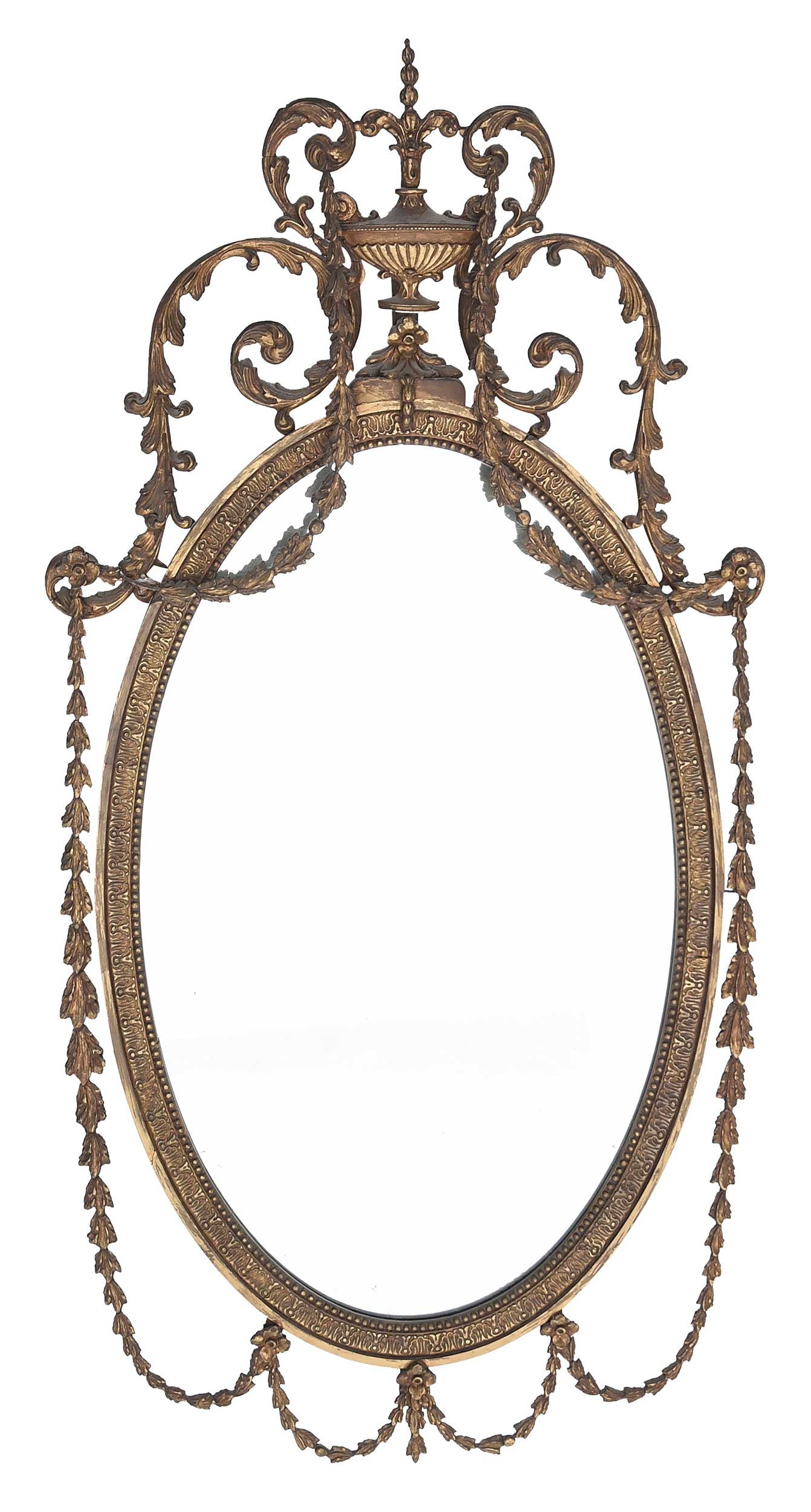 George III Style Carved Giltwood Oval Mirror: late 19th/early 20th century, crowned with urn, adorned with bellflower swags and streamers, 56-1/2 x 27-3/4 x 1-1/4 in.Provenance: Private Collection