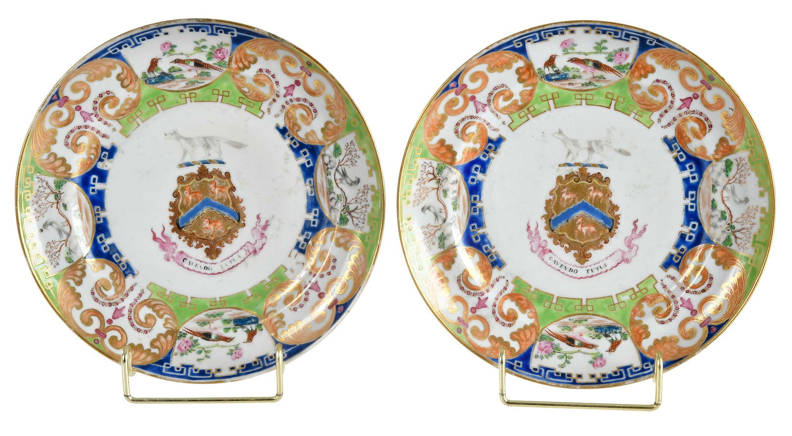 Pair of Chinese Export Armorial Porcelain Plates, Dana: circa 1815, Greek key and enamel bird scenes centering arms of Dana, motto reads "Cavendo tutus", 7/8 x 7-3/4 x 7-3/4 in. Provenance: Polly Latham Asian Art, Boston, Massachusetts (labels); Estate of