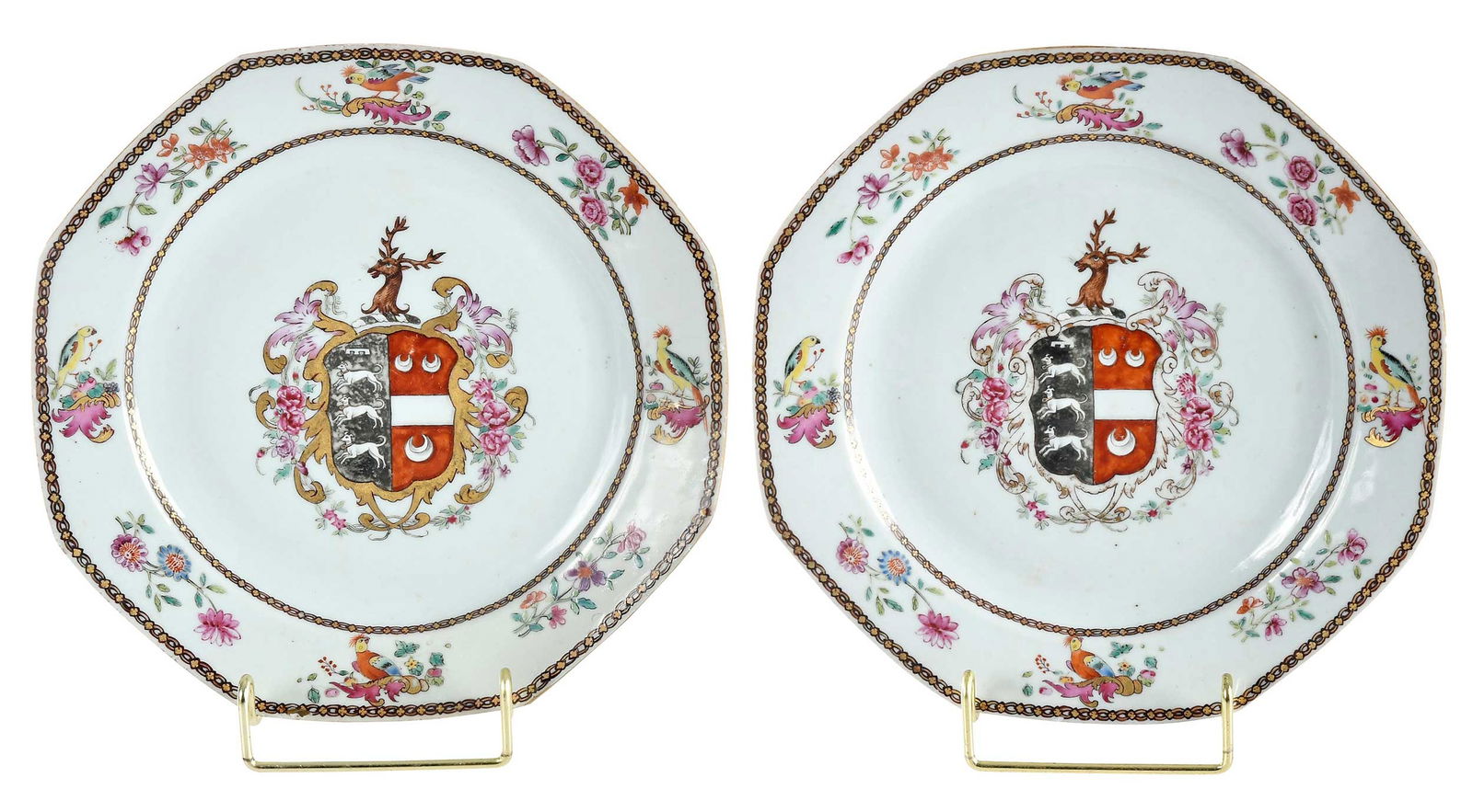 Pair of Chinese Export Armorial Porcelain Plates, Machell impaling Holloway: circa 1760, birds, floral sprays, and chain bands centering arms of Machell impaling Holloway, 1 x 8-3/4 x 8-3/4 in. Provenance: Estate of Lamar John Ryan Cecil, Lynchburg, Virginia Note: Similar exam