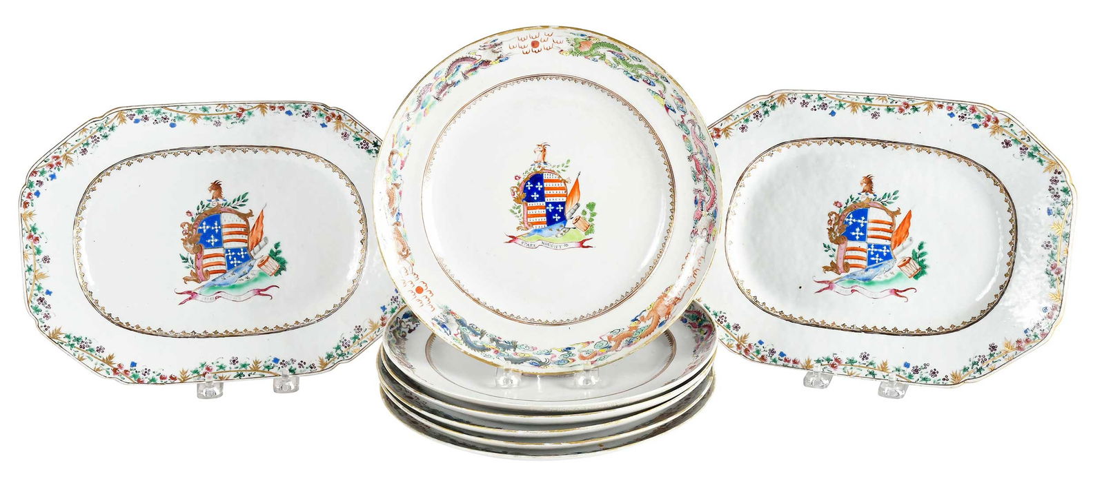 Six Chinese Export Armorial Plates and Pair of Serving Dishes, Hay: circa 1815, plates with dragons chasing flaming pearls and gilt spearhead, dishes with bamboo and flowering vines and gilt spearhead, both centering arms of Hay with motto "Spare Nought", largest 1-1/