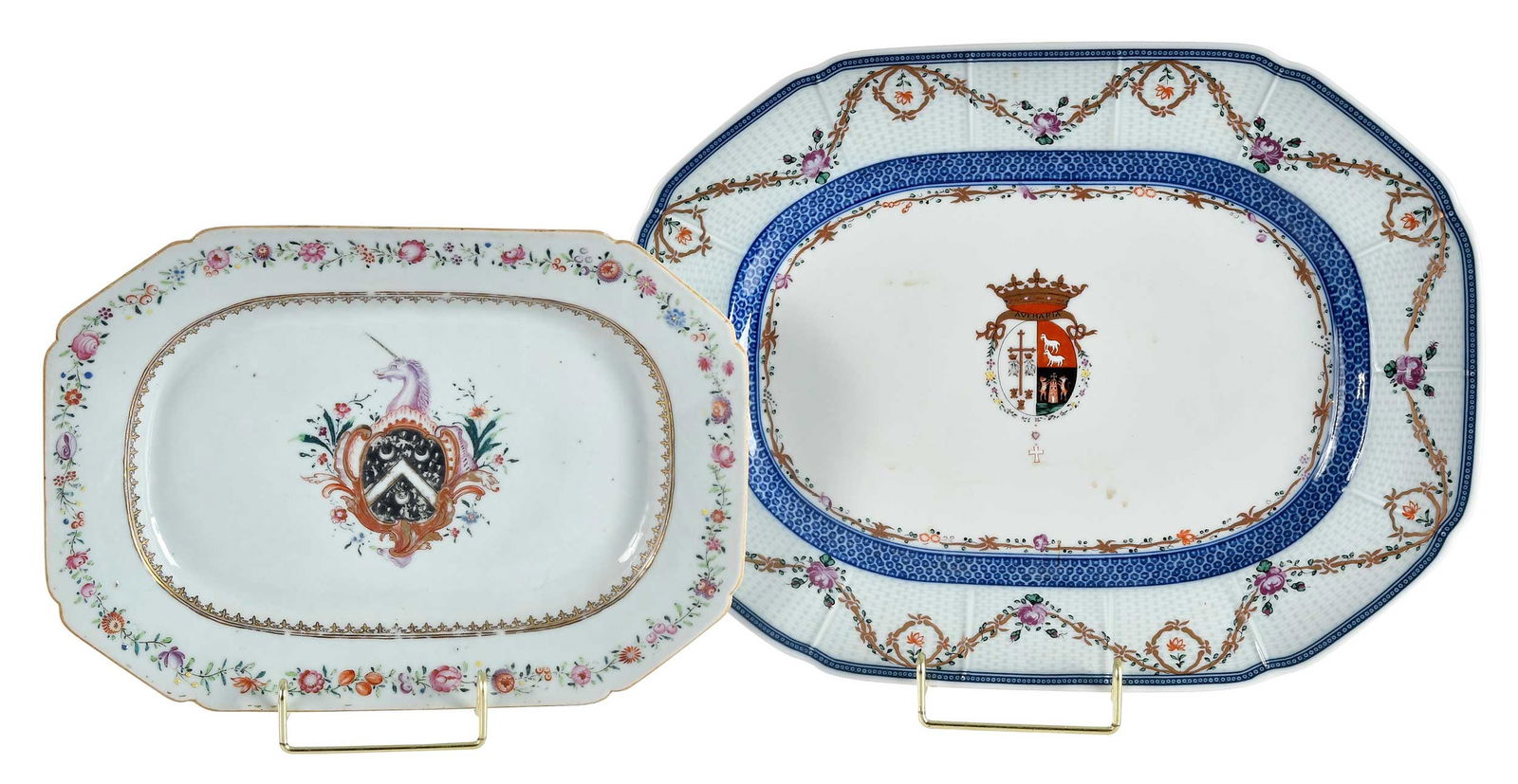 Chinese Export Armorial Porcelain Octagonal Platter with a Reproduction Platter: circa 1765, spearhead banding centering arms of Knott, 1-1/4 x 11-1/2 x 8-1/4 in.; reproduction Instituto dos Museus e da Conservacao platter centered with arms of Francisco Antonio da Veiga Cabral da