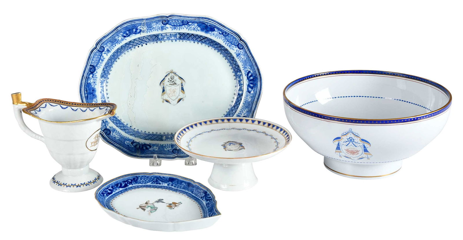 Five Pieces of Cobalt Blue and Gilt Porcelain: comprising: three pieces of Chinese export monogrammed porcelain, one with arms of Ball; Copeland Spode "Independence" pattern bowl; Mottahedeh "Cincinnati" pattern leaf form dish; largest 4-3/4 x 9-7