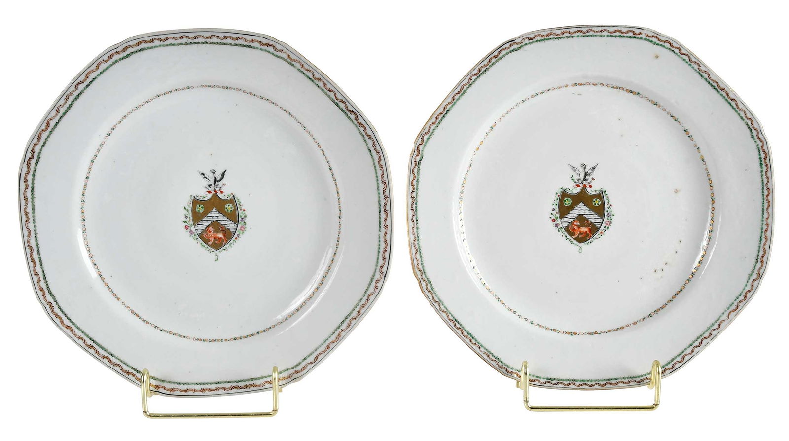 Pair of Chinese Export Armorial Octagonal Plates, Richter alias Rider: circa 1785, green enamel and gilt bands centering arms of Richter alias Rider, 7/8 x 9-1/4 x 9-1/4 in.Provenance: Estate of Lamar John Ryan Cecil, Lynchburg, VirginiaNote: Similar example pictured in