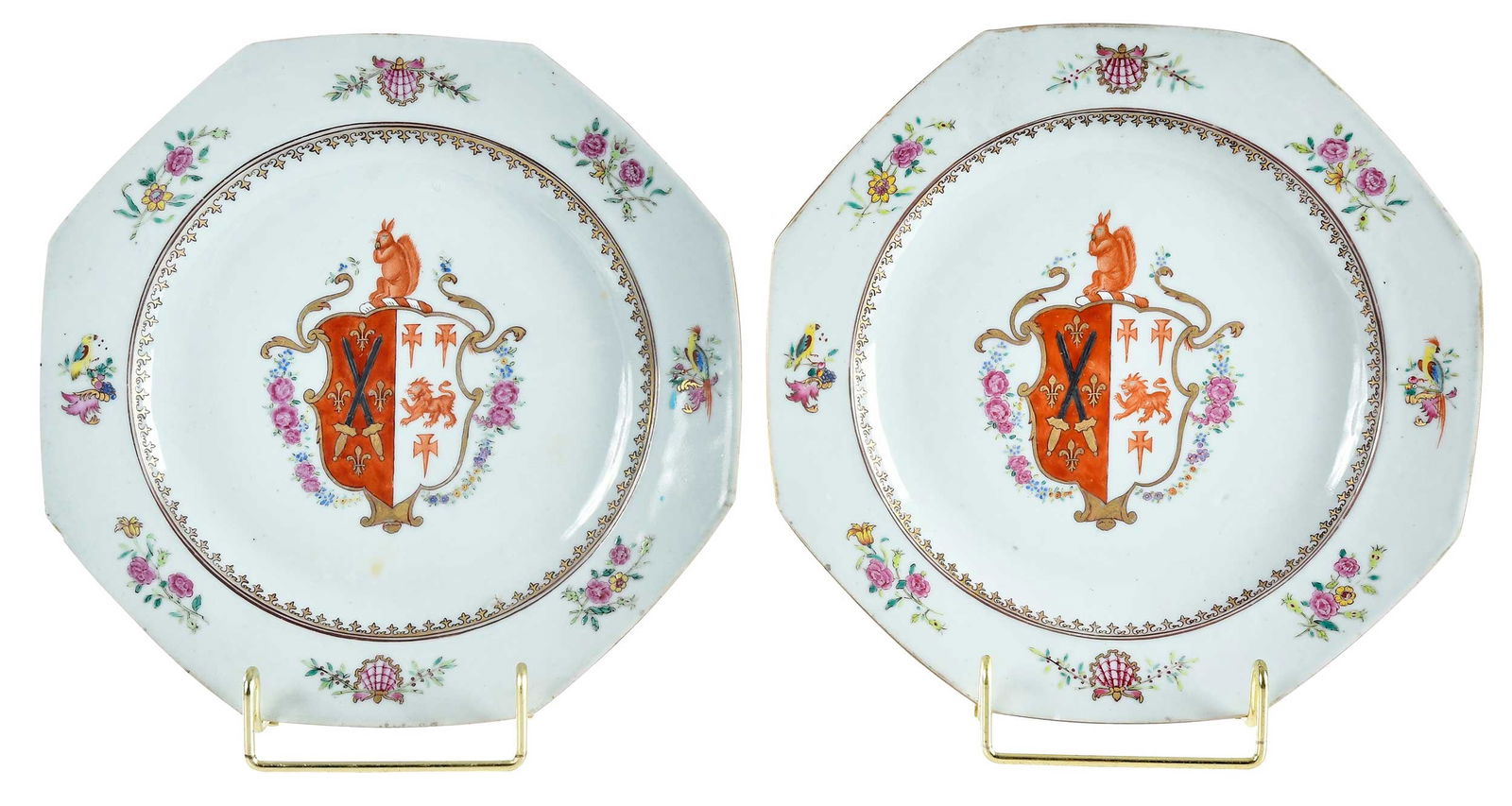 Pair of Chinese Export Armorial Porcelain Plates, Barrow impaling Dighton: circa 1755, floral sprays, shells, and birds centering arms of Barrow impaling Dighton, 1 x 8-3/4 x 8-3/4 in. Provenance: Galerie Bertrand De Lavergne, Paris, France (labels); Estate of Lamar John Rya