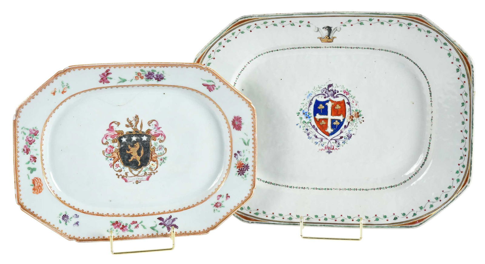 Two Chinese Export Armorial Octagonal Porcelain Platters, Wilson and Manning: circa 1770, floral sprays and spearhead banding centering arms of Wilson atop motto reading "Sincerity", 1-1/4 x 12-3/4 x 9-3/4 in.; circa 1785, foliate bands centering arms of Manning, 1-1/2 x