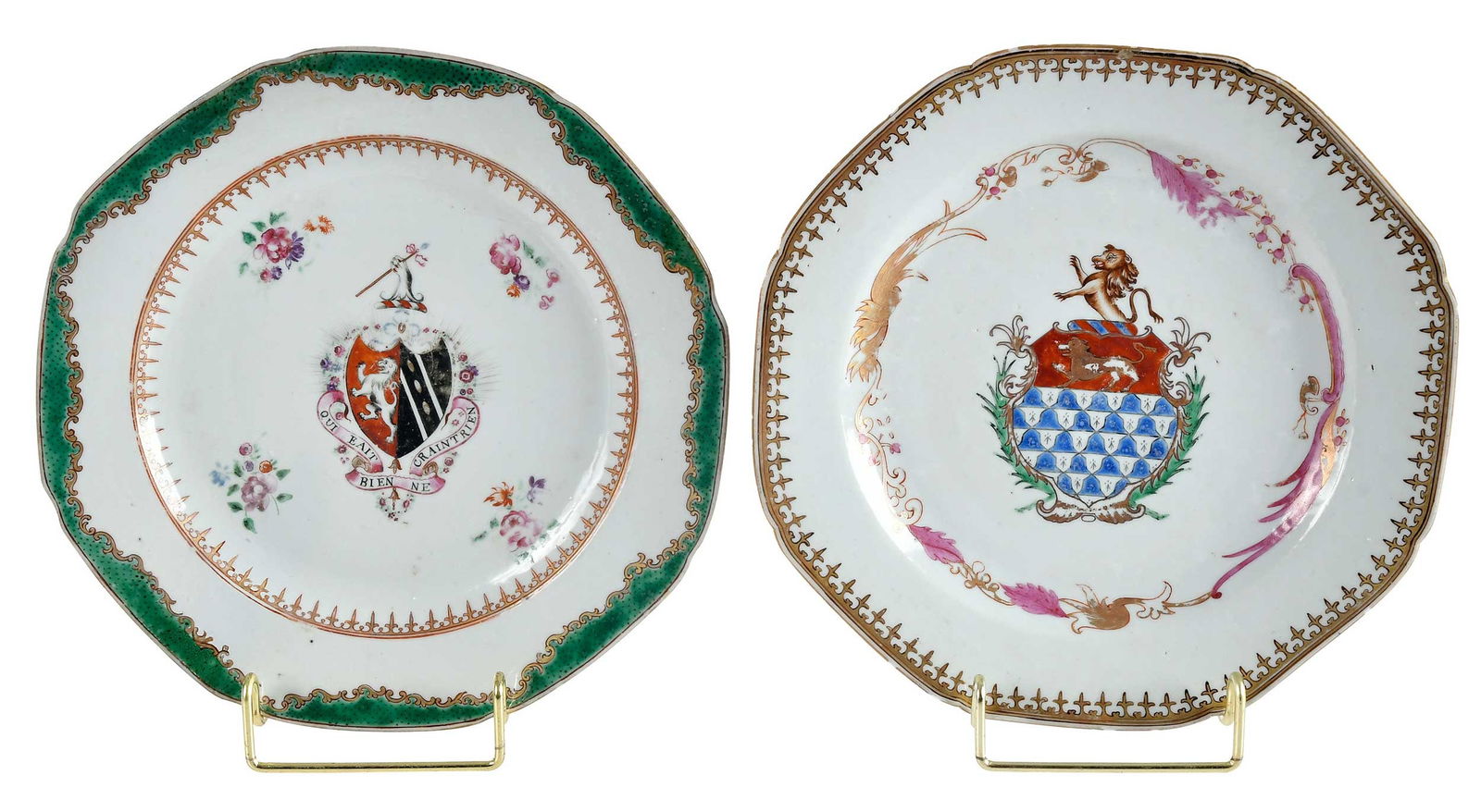 Two Chinese Export Armorial Octagonal Porcelain Plates: circa 1755, scrollwork and spearhead banding centering arms of Taswell, 1-1/8 x 8-7/8 x 8-7/8 in.; circa 1765, green enamel and spearhead banding centering arms of Wathen impaling Waller atop motto