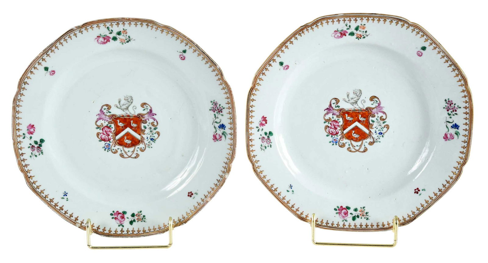 Pair of Chinese Export Armorial Porcelain Plates, Sayer: circa 1765, spearhead banding and floral sprays centering arms of Sayer (?), 1 x 8-3/4 x 8-3/4 in.Provenance: Estate of Lamar John Ryan Cecil, Lynchburg, VirginiaNote: Similar example pictured in