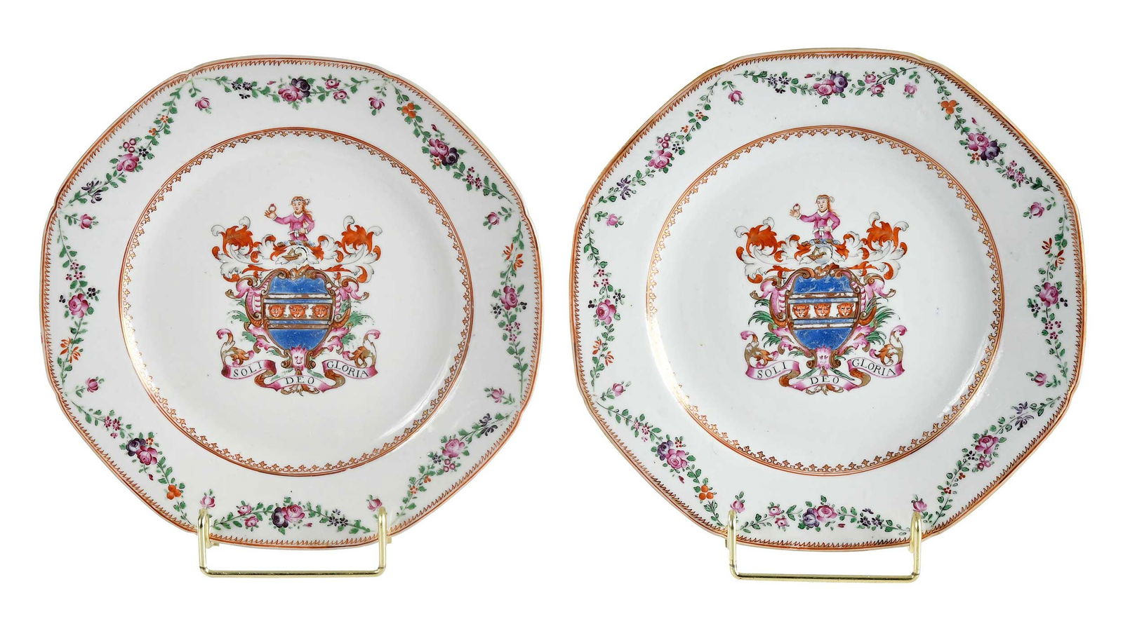 Pair of Chinese Export Armorial Octagonal Plates, Lee: circa 1775, flower festoons centering arms of Lee of Kent, motto reads "Soli deo gloria", 1 x 9-1/8 x 9-1/8 in.Provenance: Estate of Lamar John Ryan Cecil, Lynchburg, VirginiaNote: Similar example
