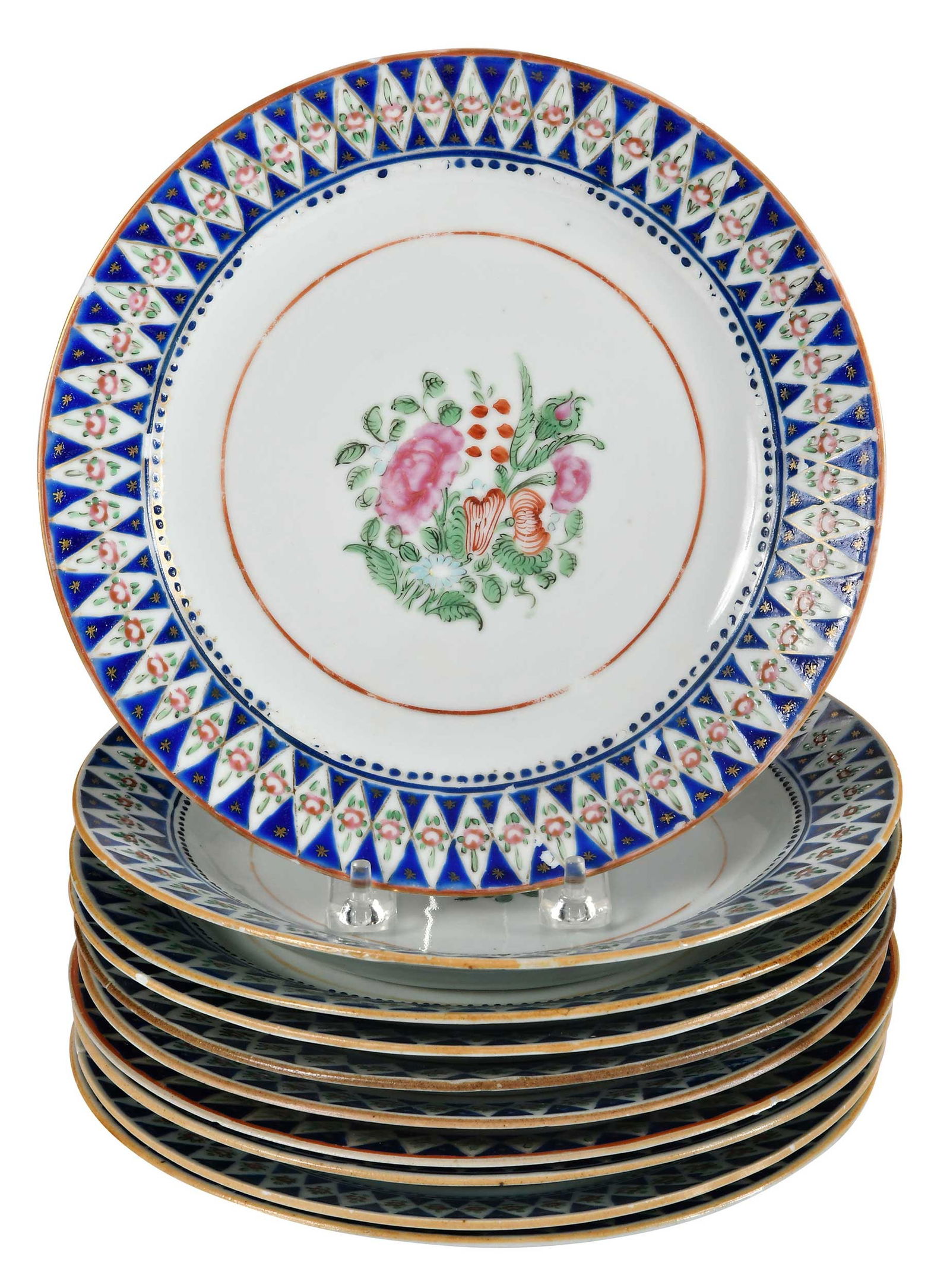 Set of Ten Chinese Export Porcelain Plates with Floral Motif: 18th century, 1-1/4 x 9 x 9 in.Provenance: Estate of Lamar John Ryan Cecil, Lynchburg, Virginia