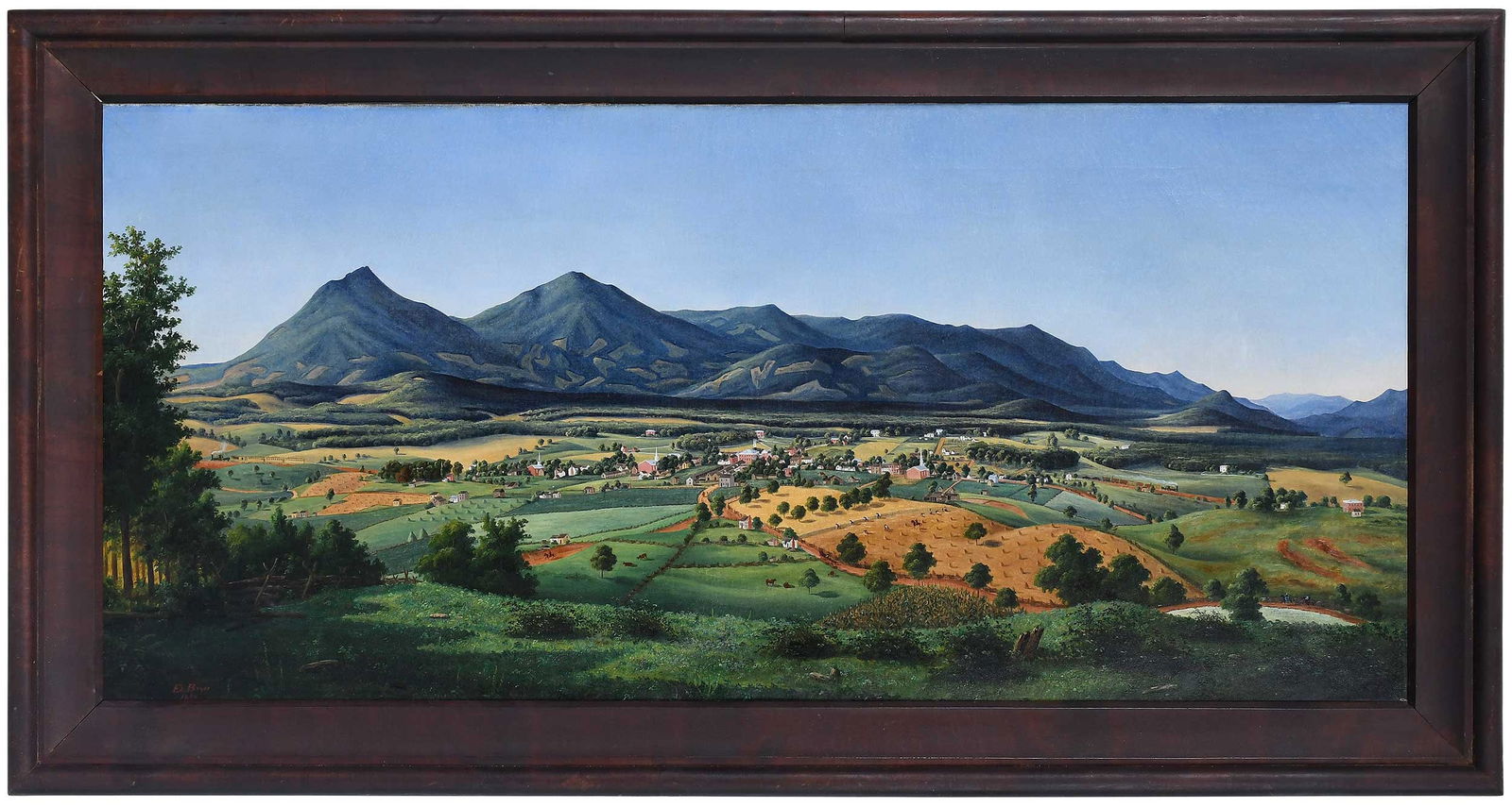 Edward Beyer, Panoramic View of "Old Liberty", Virginia: (German/America, 1820-1865)View of Liberty, Virginia, 1855, signed and dated lower left, "Ed. Beyer 1855", oil on canvas, 26-1/4 x 58 in.; possibly original period faux painted wood frame, 33-1/2 x